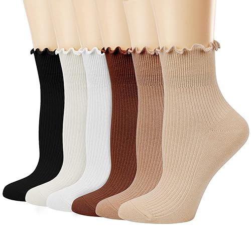 Mcool Mary Women's Ruffle Socks,Casual Cute Ankle Breathable Knit Cotton Soft Frilly Crew Socks for Women 6 Pack - 6colors(apricot+light Brown+brown+white+milky White+black)