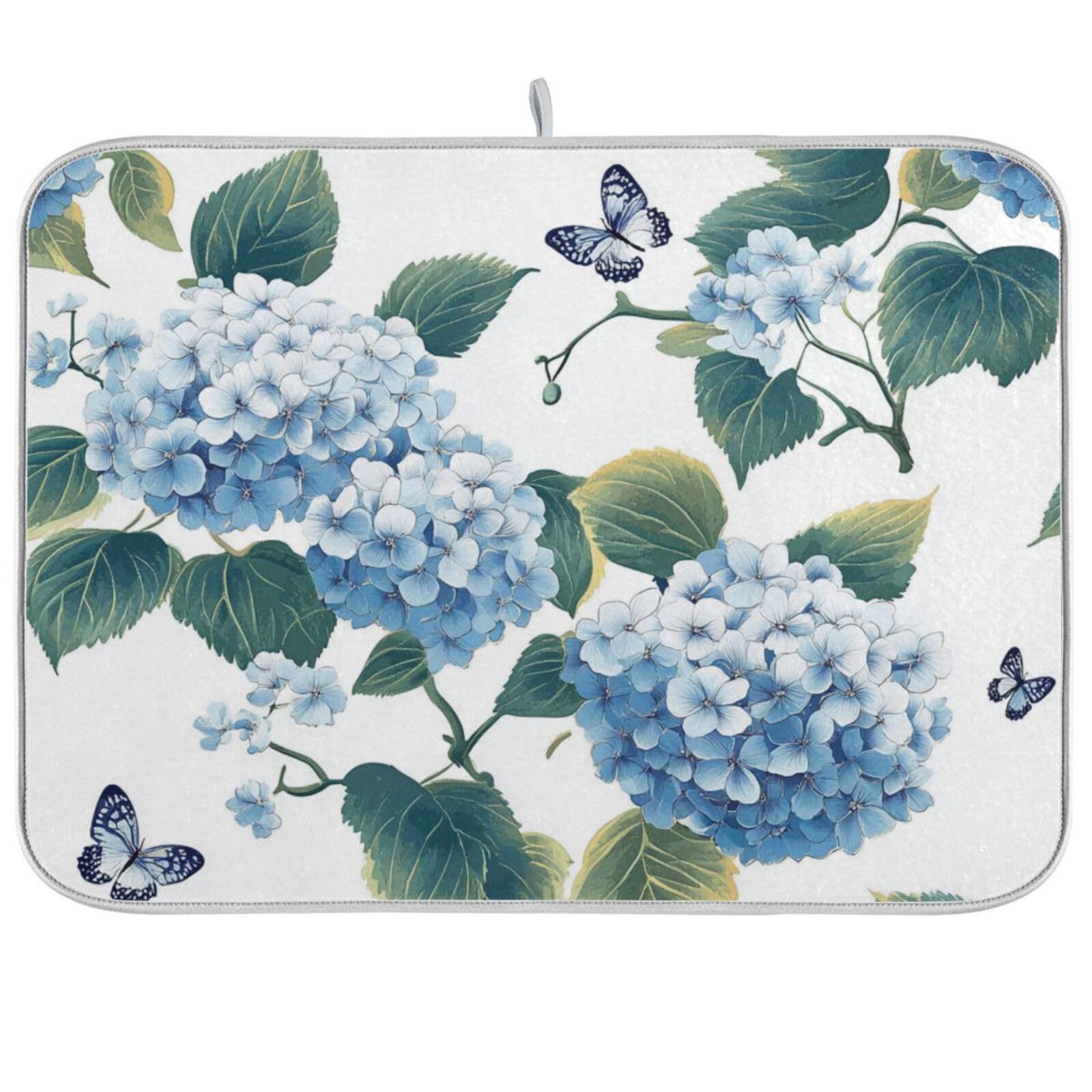 Tatenale Blue Hydrangea Butterfly Dish Drying Mat for Kitchen Counter Kitchen Drying Mat Dish Rack Mat Dish Dryer Drainer Pad Microfiber Absorbent