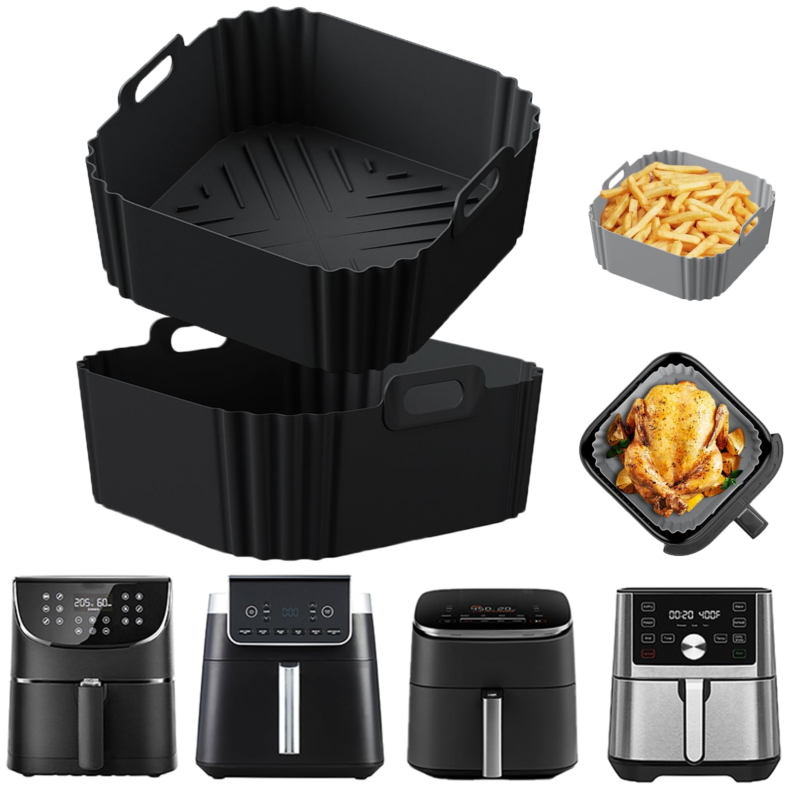 Silicone Air Fryer Liners for Ninja Pro XL AF141 AF140 AF181 AF180,2Pack 8.8inch Square Airfryer Silicone Liners Reusable Basket for Cosori,Chefman,Instant Pot,PHILIPS,Other 5-8QT Air Fryer