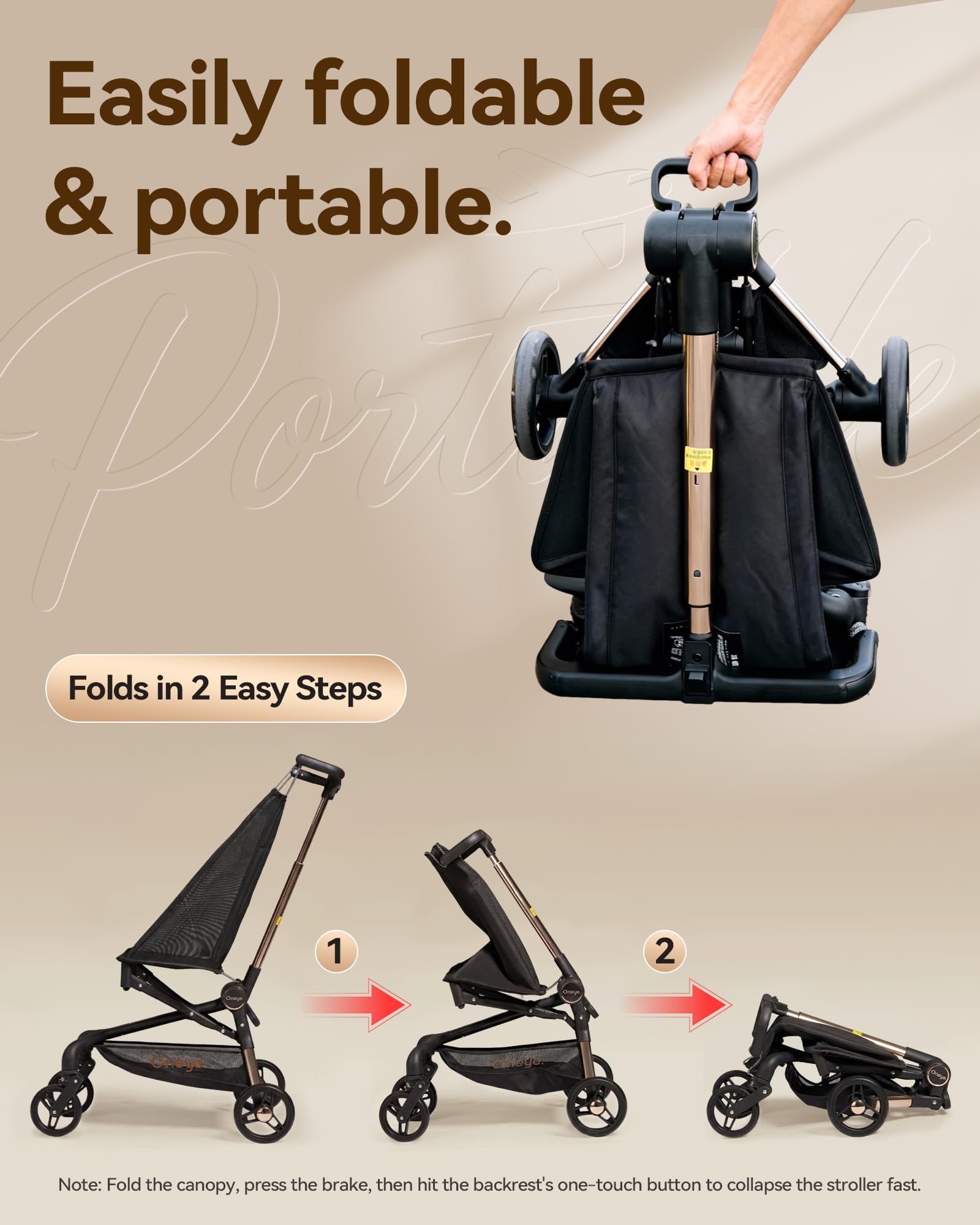 Oneye Travel Stroller for Airplane, Ultra Lightweight Baby Stroller for Toddlers with Canopy, Foldable & Compact Strollers with Jumbo Seat & Large Storage Basket,10.19lb,Stable & One-Hand Fold, Black - 5