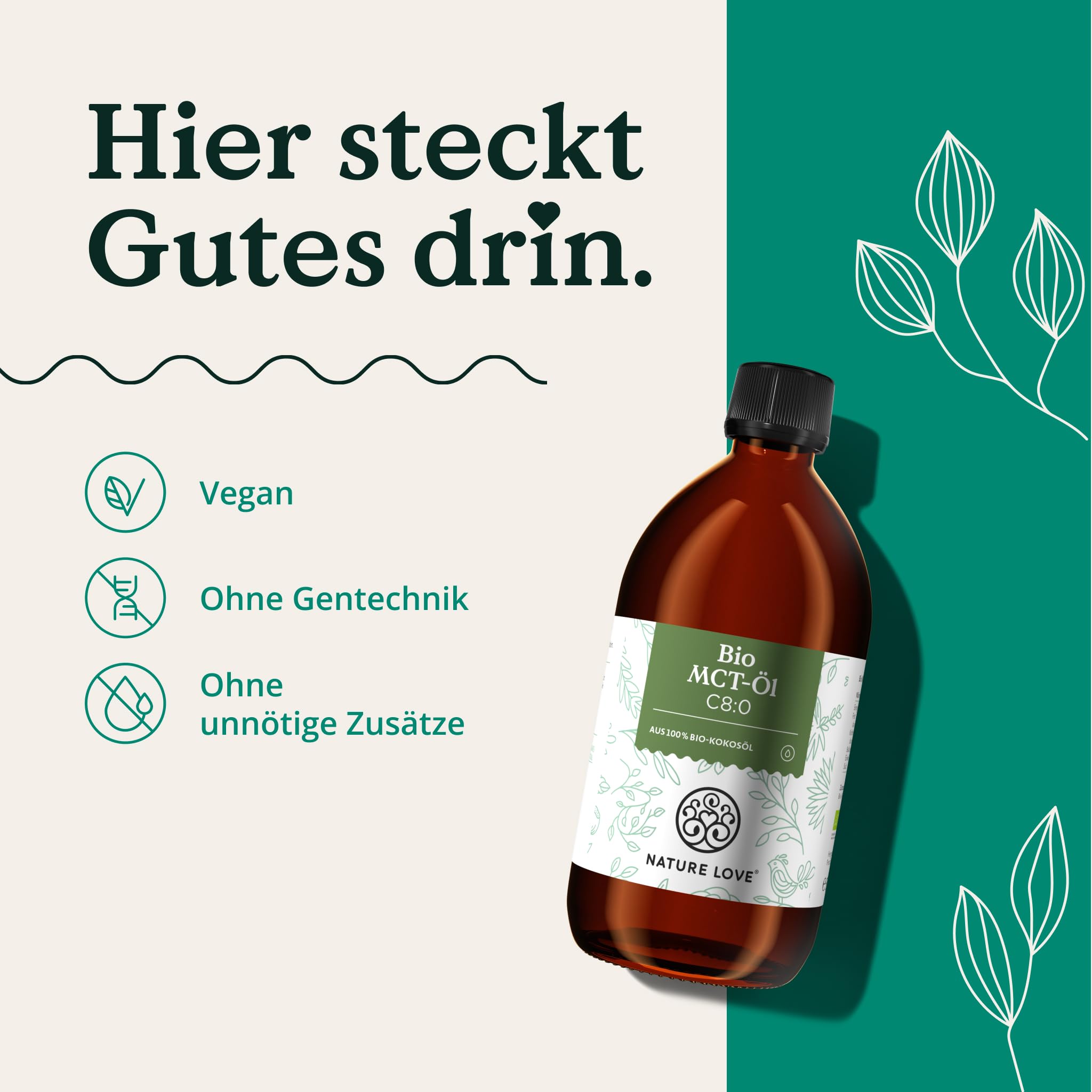 NATURE LOVE® Bio MCT-Öl C8 – 500ml für deine Keto Diät – aus 100% Bio-Kokosöl – für Ketogene Ernährung - geschmacks- und geruchsneutral – exogene Ketone – vegan - 4