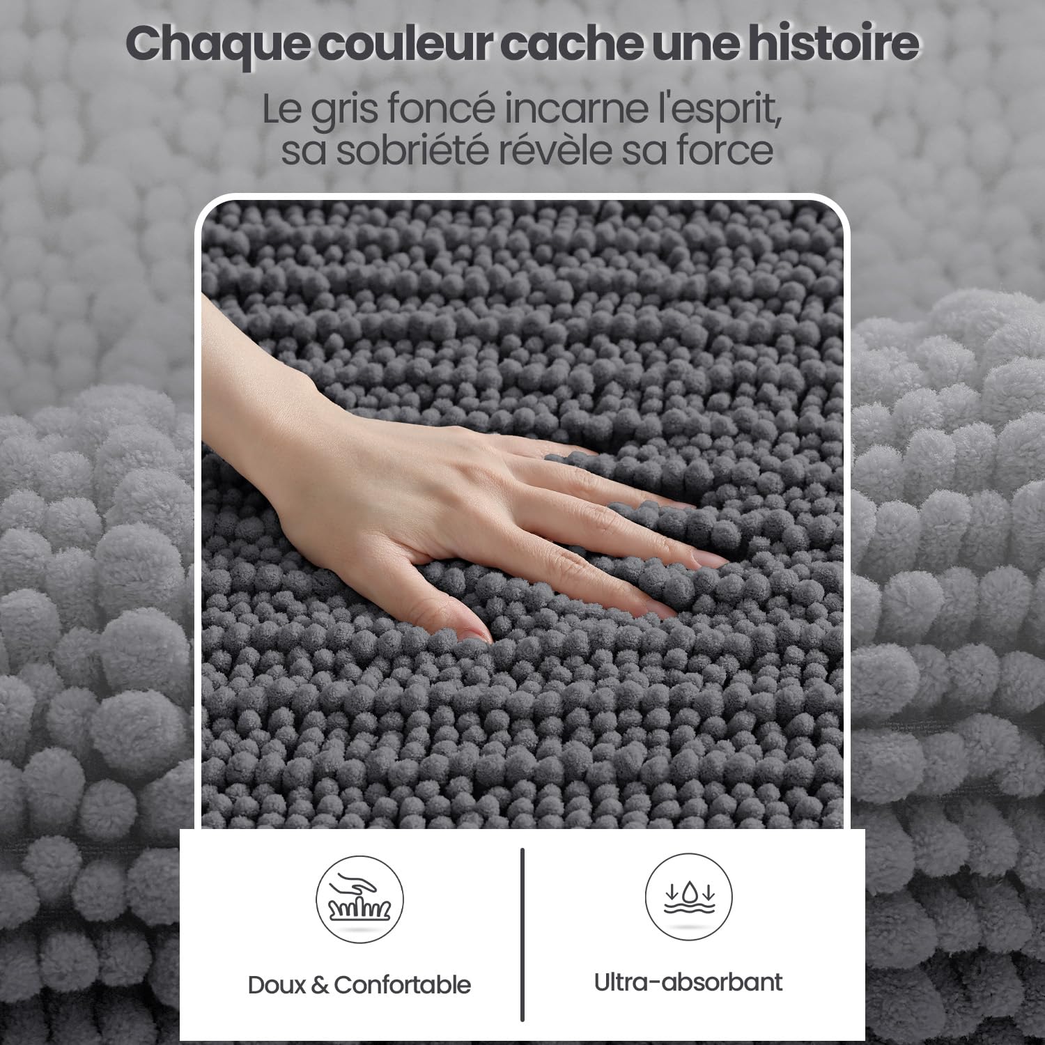 DEXI Tapis de Bain en Chenille 60 x 90 cm, Épais et Absorbant, Gris