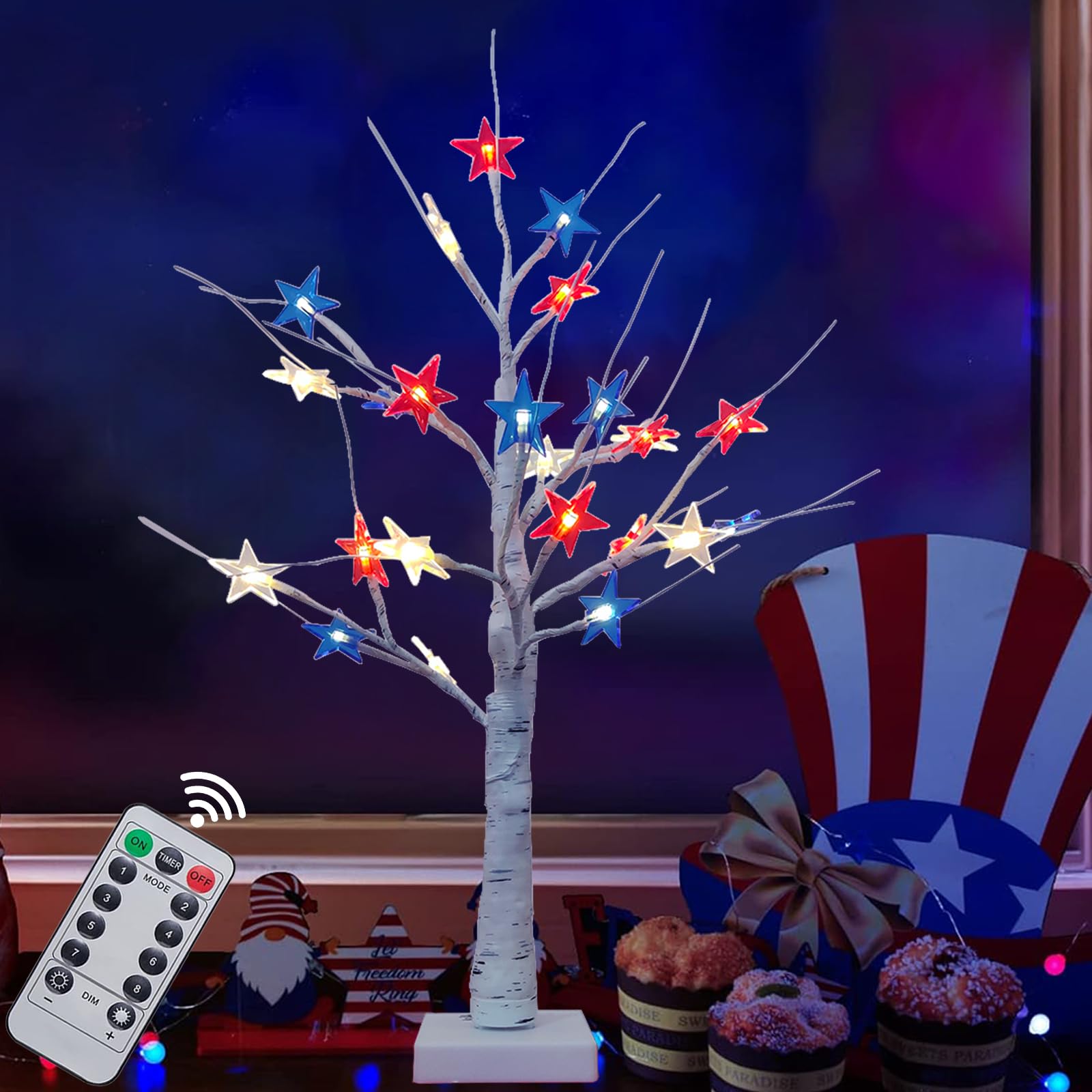 4th of July Decorations Tree Light 24 Inch with 24 LED Red White Blue Star Lights USB Battery Operated with Timer, Lighted Artificial Tree Lights for Table, Party, Memorial Day, Patriotic Decoration