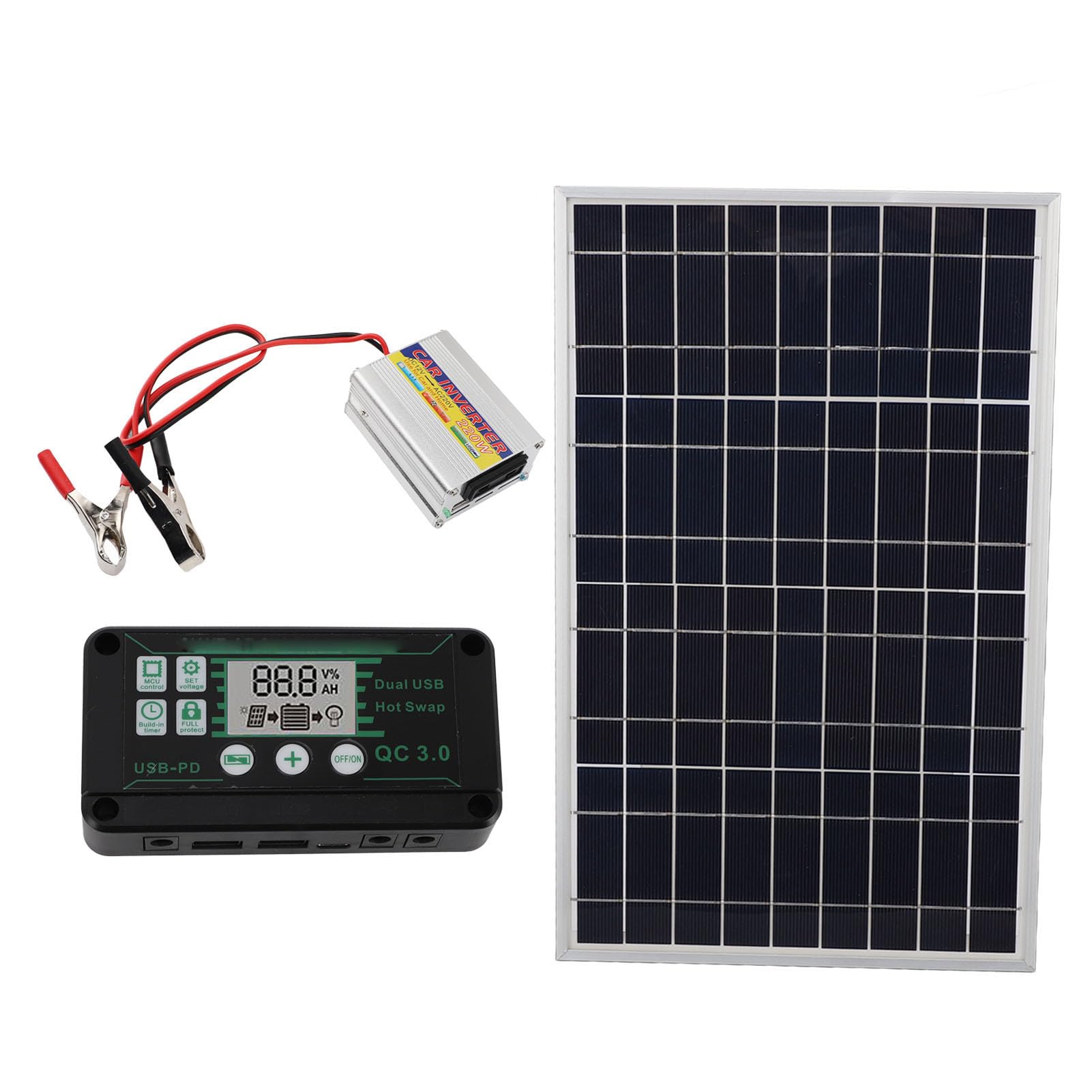 Cryfokt Zestaw Paneli Słonecznych 30W z Regulatorem MPPT, Przetwornica | Zestaw solarny Off Grid, ładowarka akumulatorów 12 V, regulowany uchwyt montażowy, przenośny zasilacz do samochodu