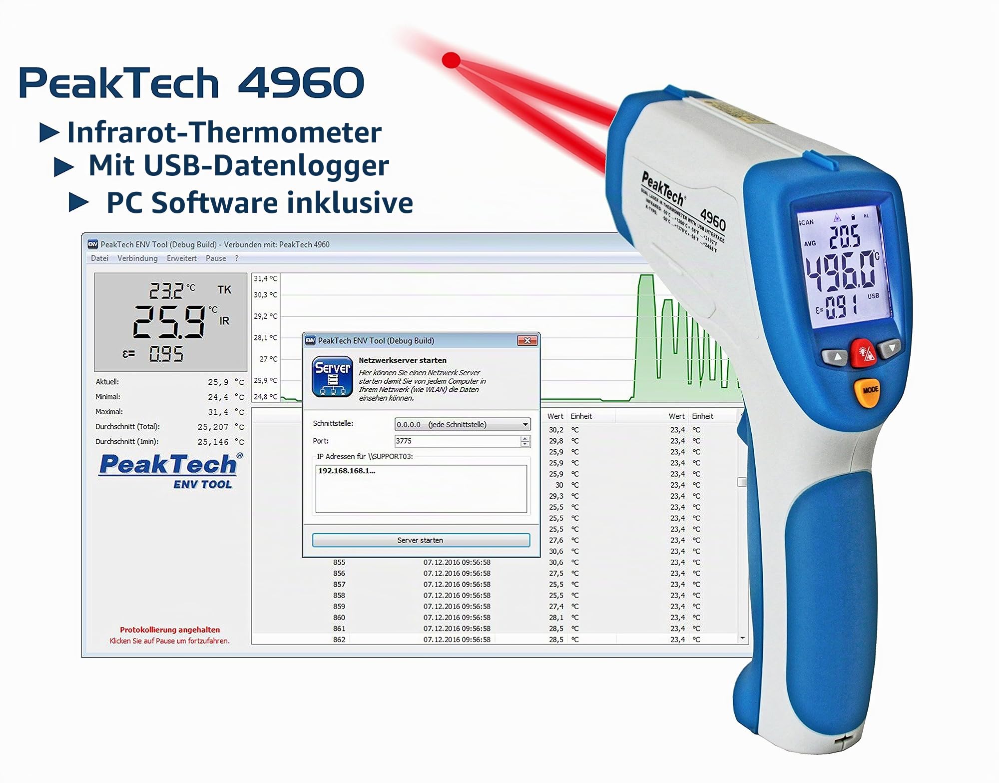 PeakTech P 4960 Profi IR-Thermometer mit Datenlogger für -50°C … 1200 °C ; mit USB und Dual Laser - hohe Genauigkeit und Dauermessfunktion und Power über USB, 1 Stück