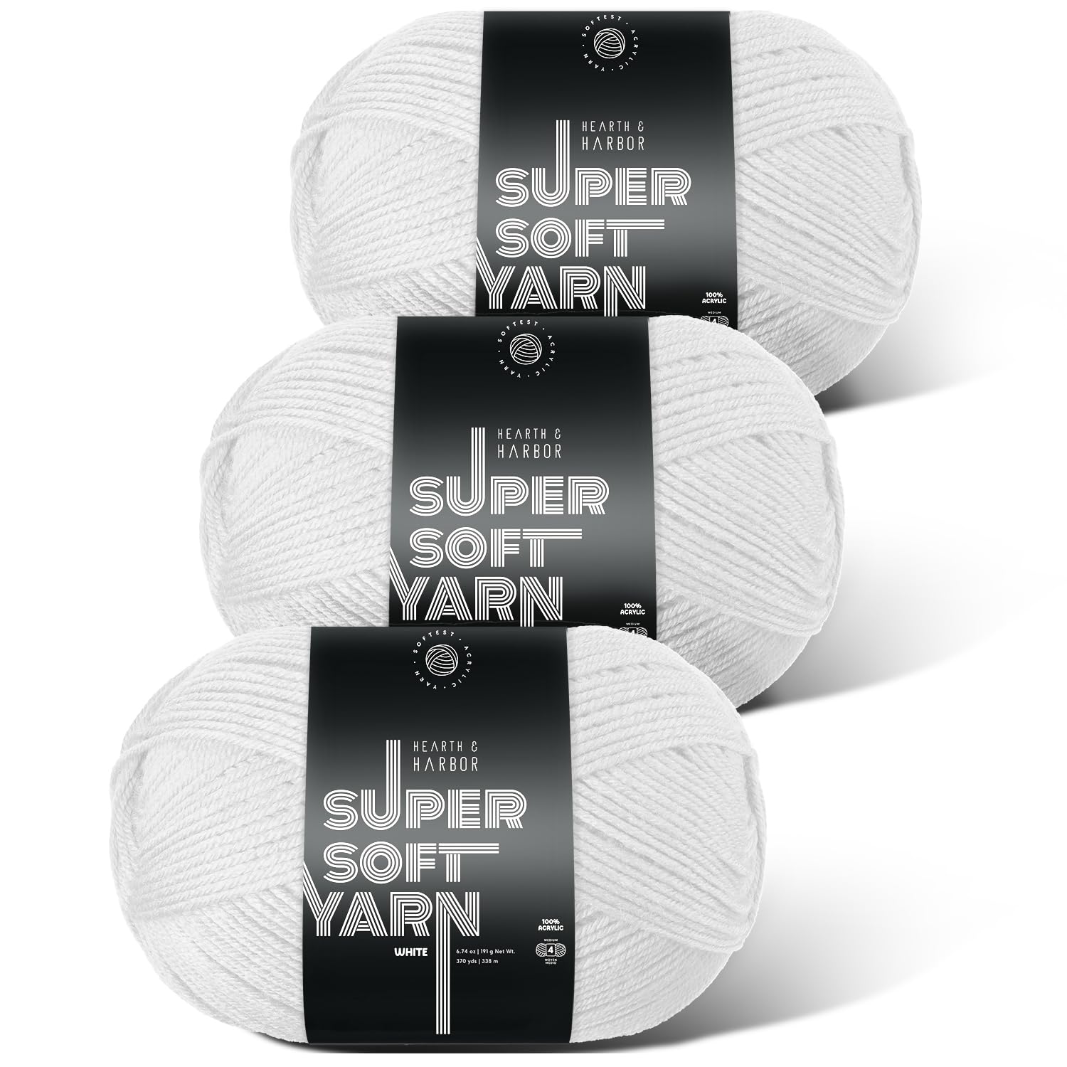 Acrylic Yarn for Crocheting &amp; Knitting – Soft Crochet Yarn for Crocheting, 3 Pack of 370 Yards, Perfect for Crafts &amp; Amigurumi, Medium Worsted Weight 4, White