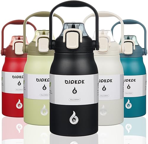 Miniatura 1 de BJPKPK - Botellas de agua con aislamiento y pajilla, de metal de acero inoxidable de 35 oz con tapa de apertura con una mano, deportivas, libres de
