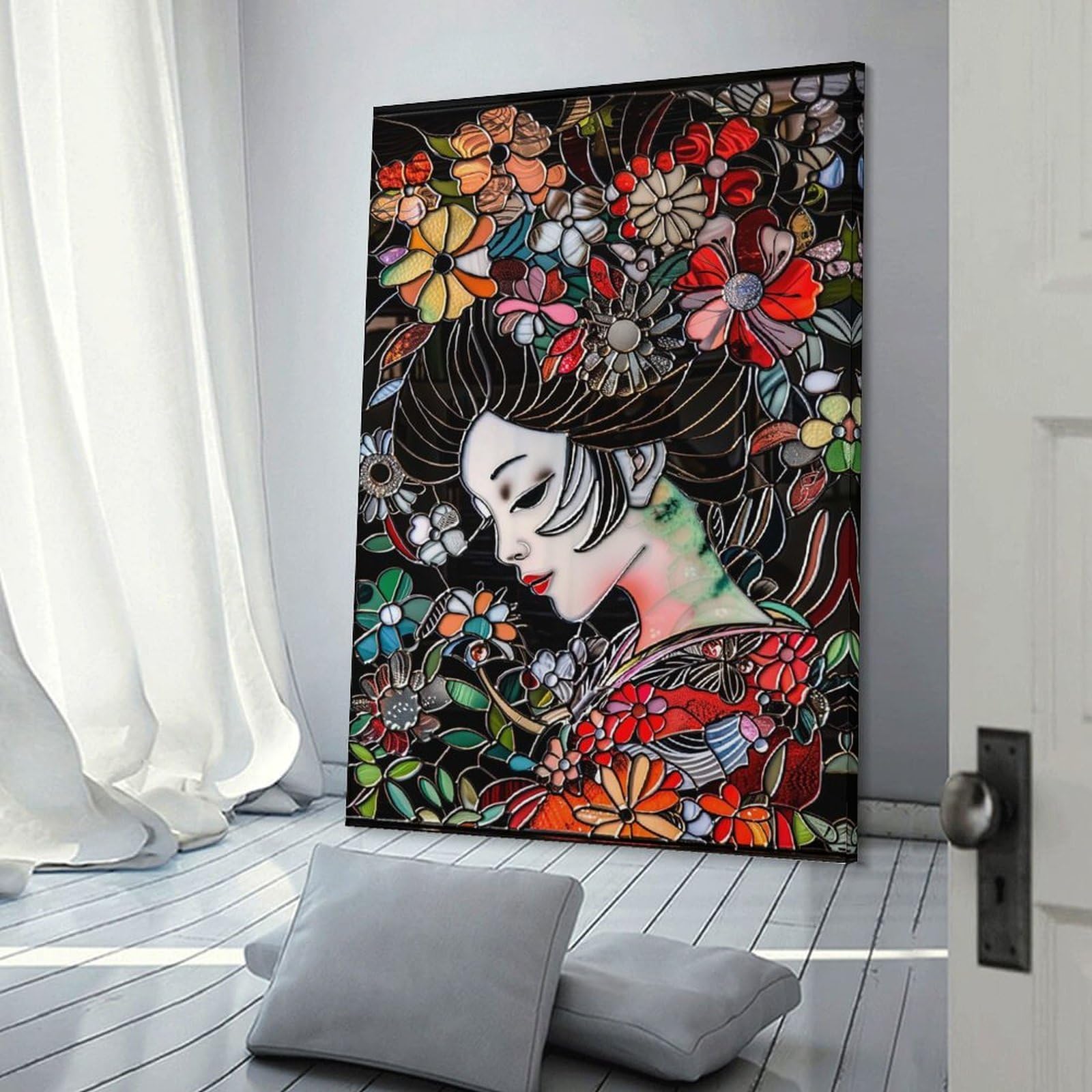 Junmoney Frame-Style-9 Stained Glass Geisha Room Decor Wall Art, 24X36inch(60X90cm), For Living Room, Bedroom, Office Or Hallway, Decorative Artwork With Broad Appeal