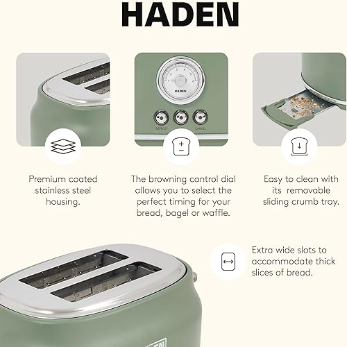 Miniatura 3 de Haden Dorset - Tostadora de acero inoxidable de 2 rebanadas de ranura ancha con control de tostado ajustable y pies antideslizantes, color verde