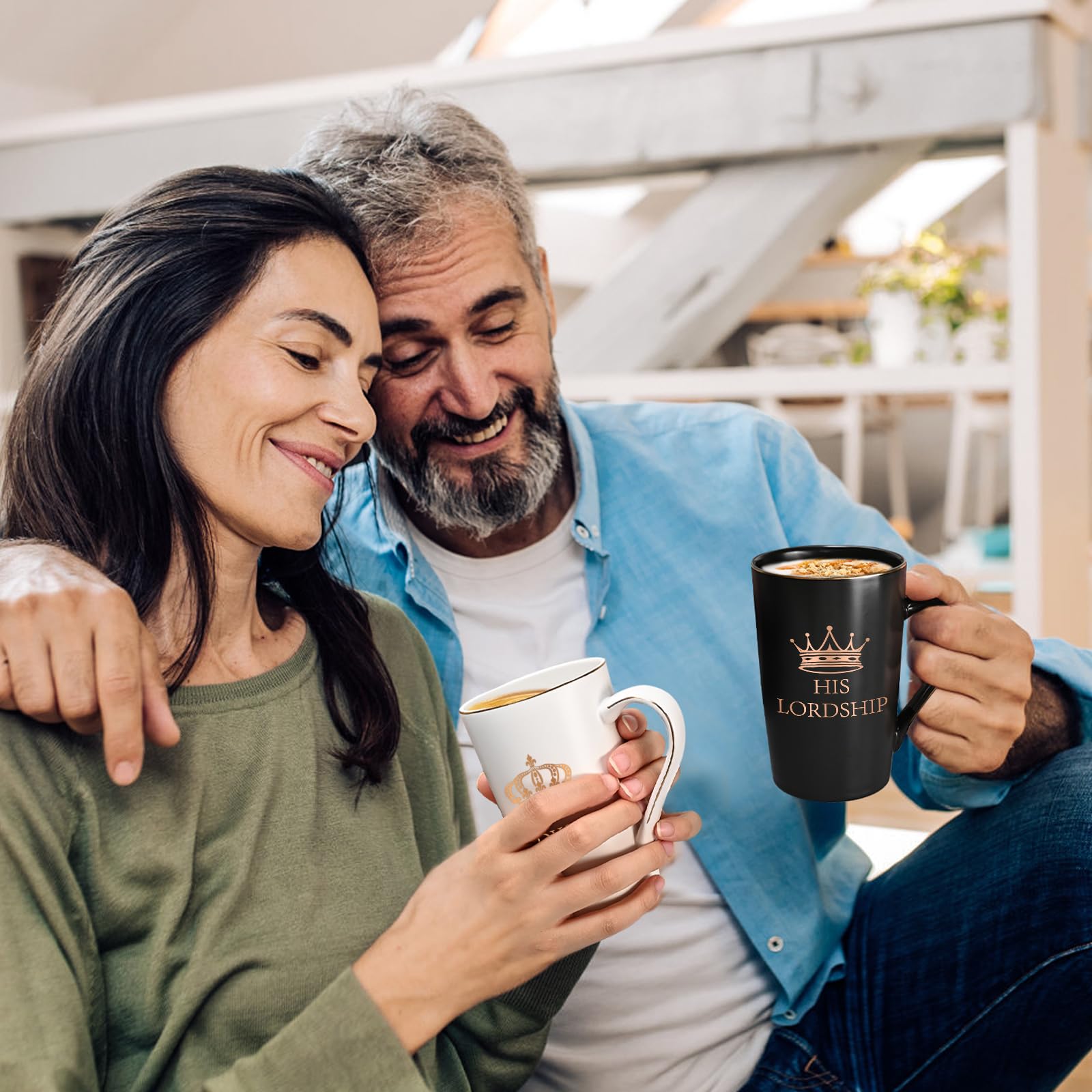 Joymaking Gifts for Couple His Lordship & Her Ladyship Coffee Mug Set for Parents Anniversary Wedding Christmas Gifts for Him Her 14Oz Black-White - Image 4