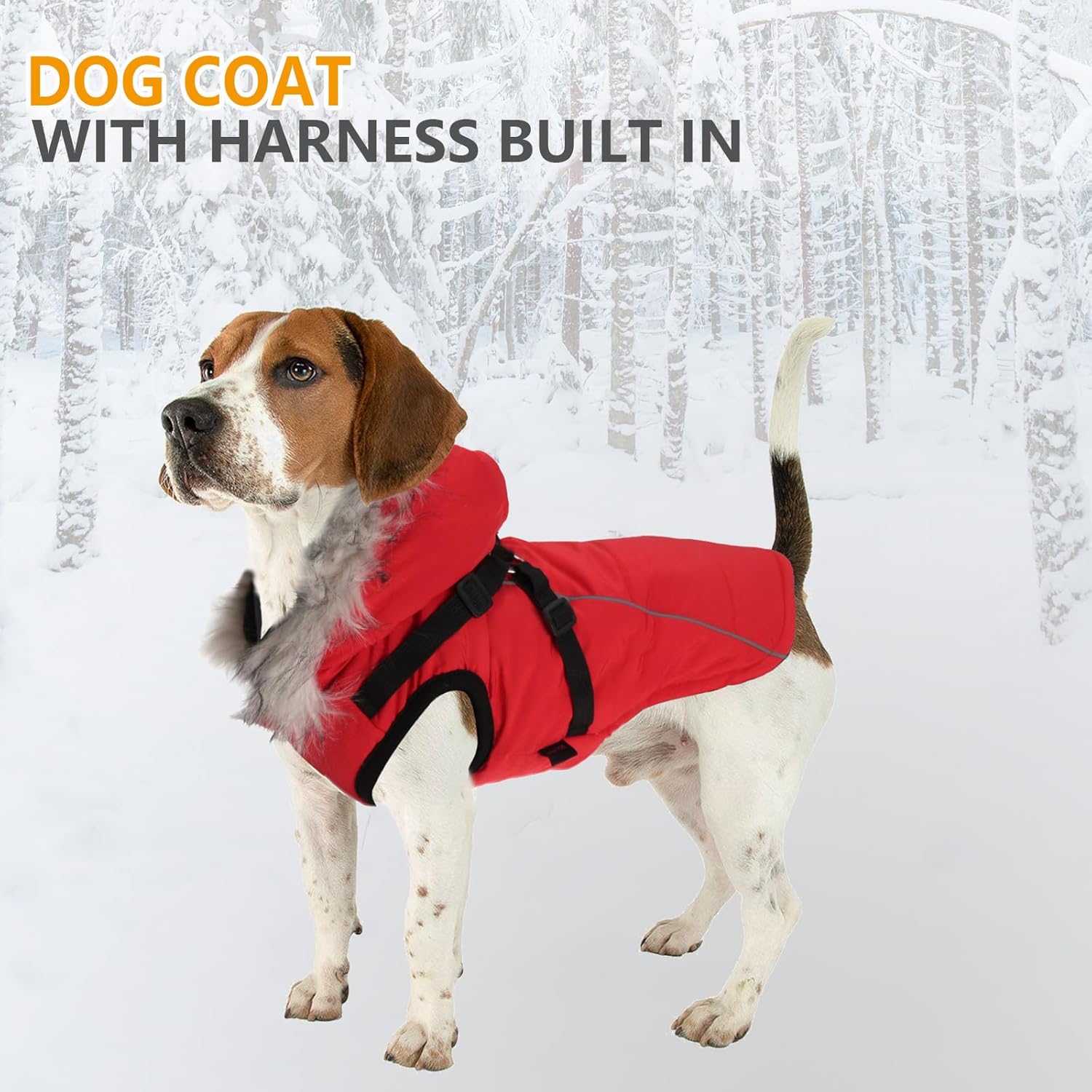 Pet Dog Hoodie,Dog Coat with Harness Built in,Waterproof Doggie Jacket with Fleece Lining,Small Puppy Clothes Reflective for Cold Weather-Red-L