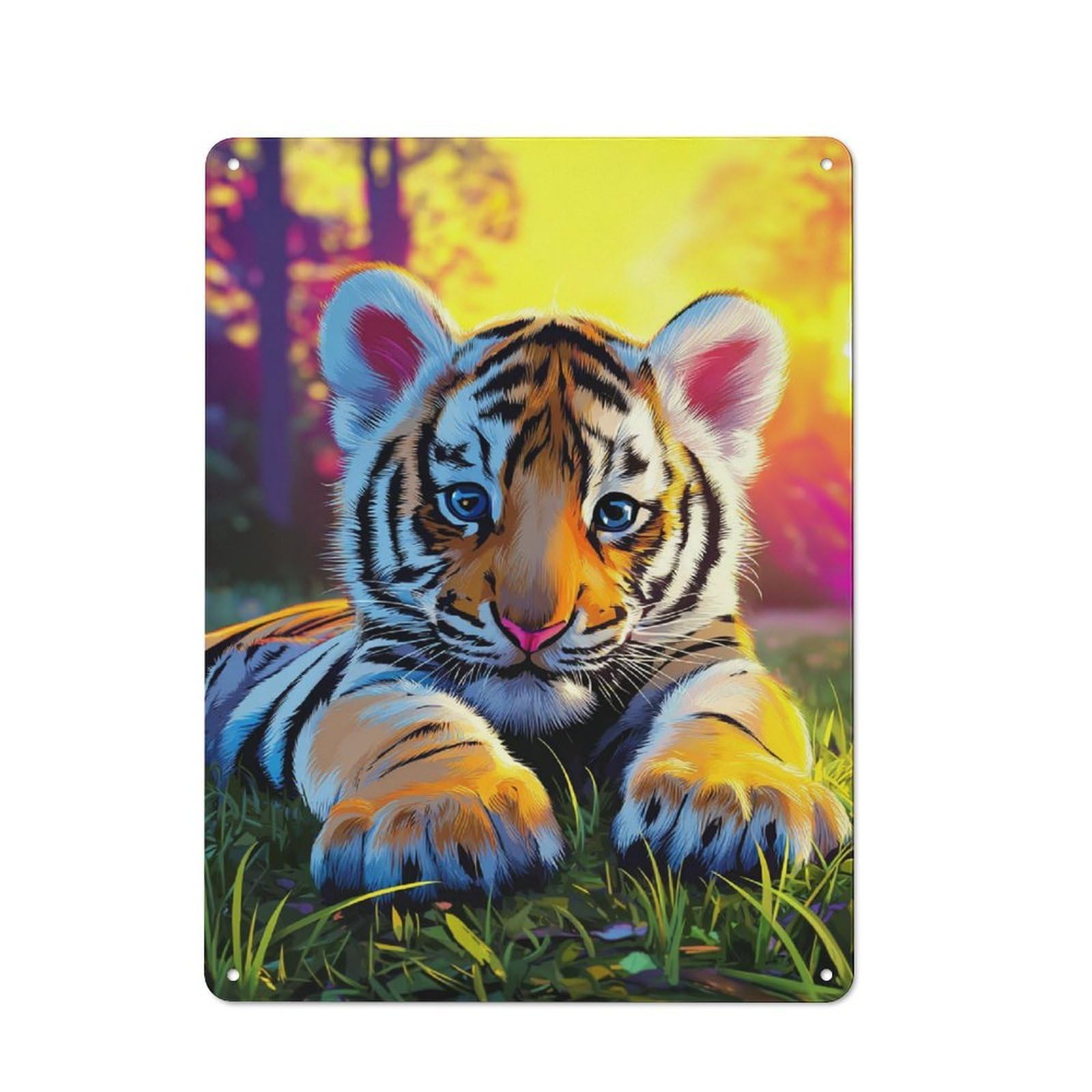 Junmoney Adorable Tiger Cub In Vibrant Forest Retro Metal Sign 40X30cm For Living Room Or Hallway, For Updating Living Room And Hallway After Moving
