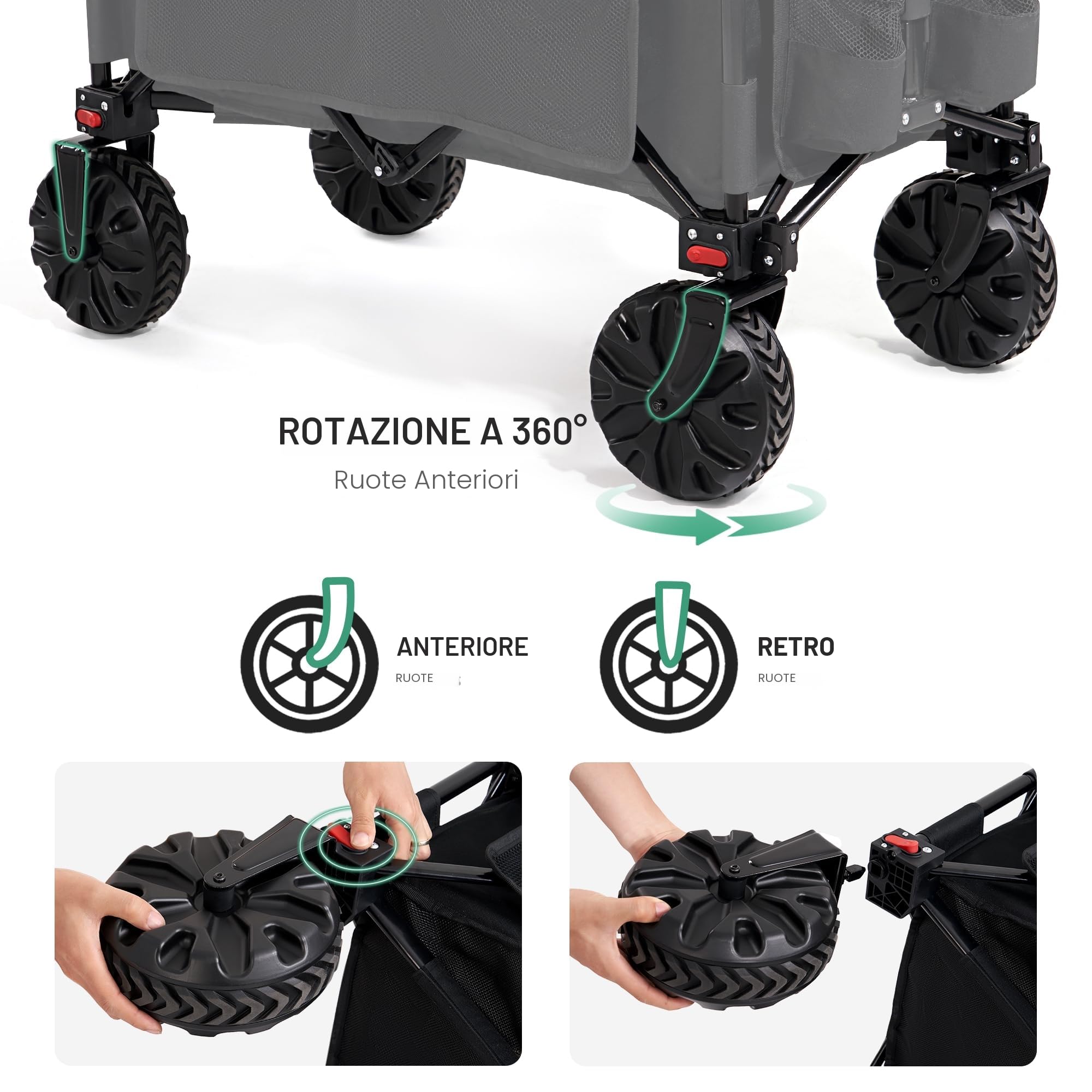 TIMBER RIDGE Carrello Spiaggia Ruote Grandi con Freno Carrello Pieghevole Trasporto Braccioli Regolabili e Tasche Laterali per Rimorchio Giardino Campeggio all'aperto Ogni Tipo di Terreno