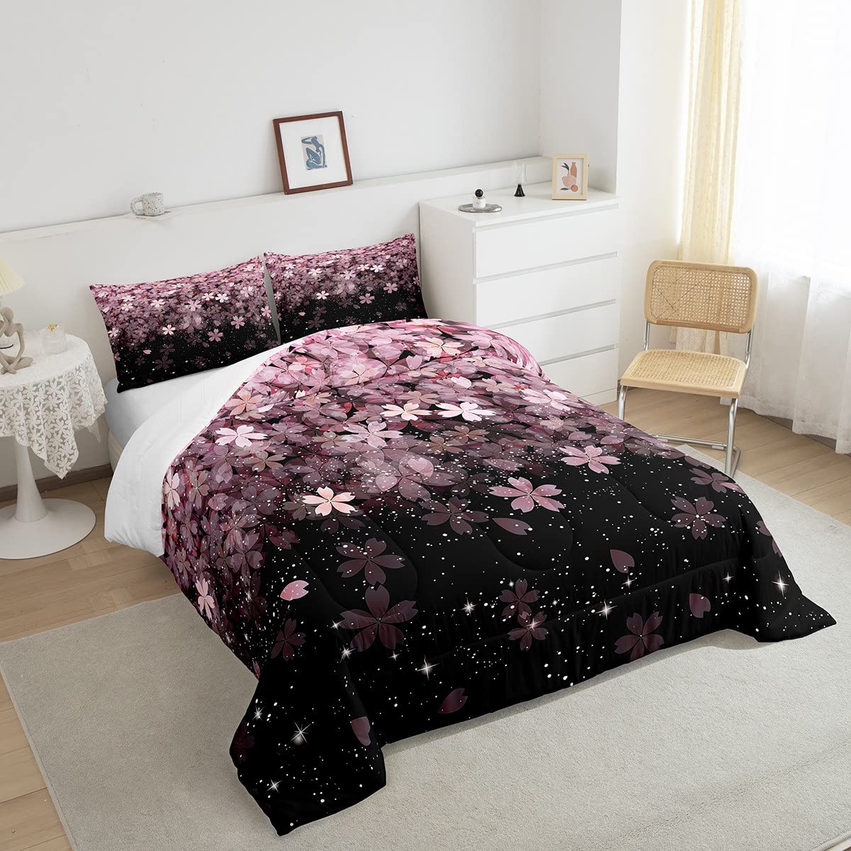 Homewish Cherry Blossom Comforter Set Pink Flower Petal Floral Bedding Set 3pcs for Girls Japanese Style Duvet Insert Soft Polyester Down Comforter with 2 Pillowcases, Full Size