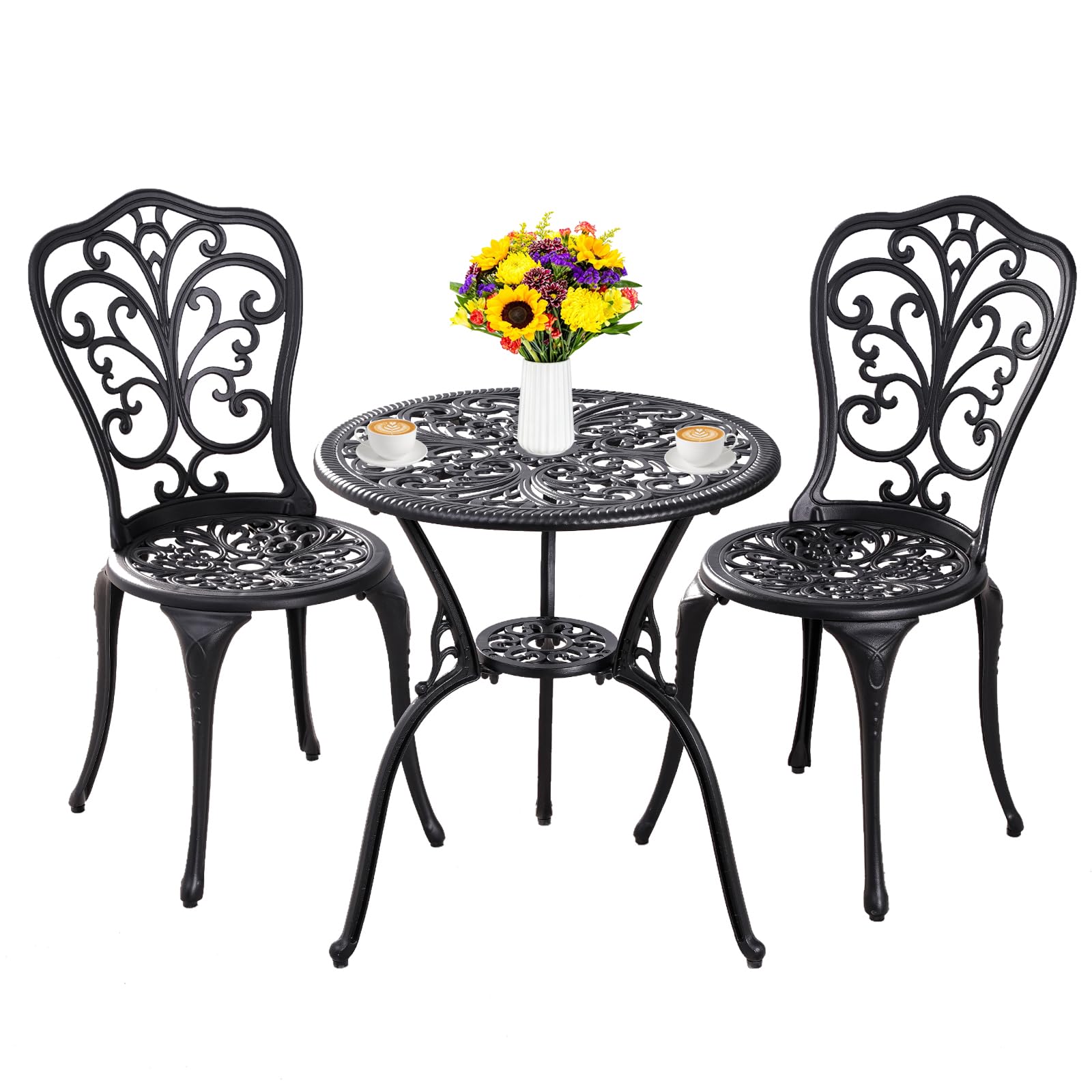Set da bistrot per esterni, set da 3 pezzi, tavolo e sedie in alluminio pressofuso, set di 2, tavolo piccolo da patio per veranda, nero
