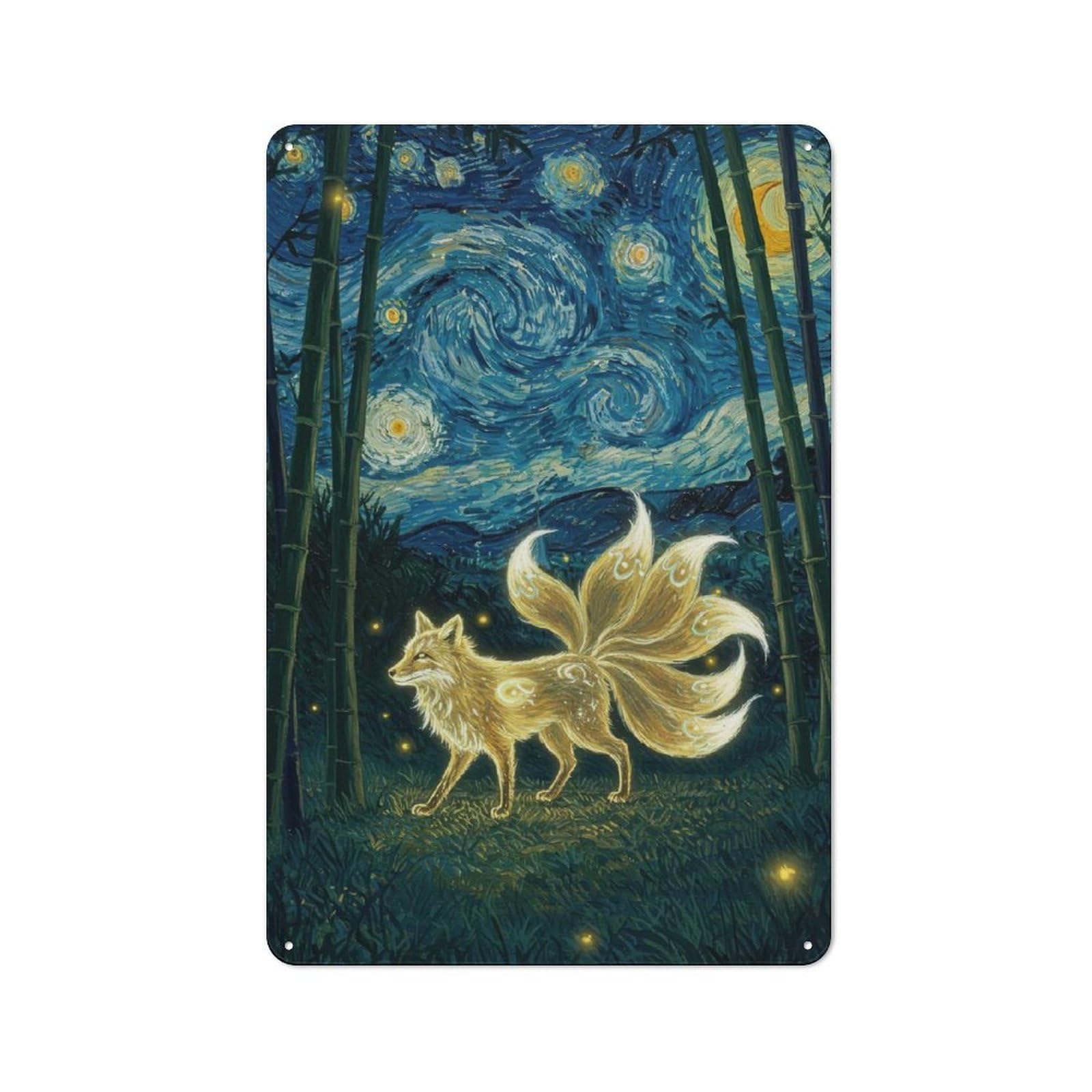 Junmoney Nine-Tailed Fox In Starry Night Metal Wall Sign 30X20cm Featuring For Workshop Wall, For Makers And Diy Enthusiasts