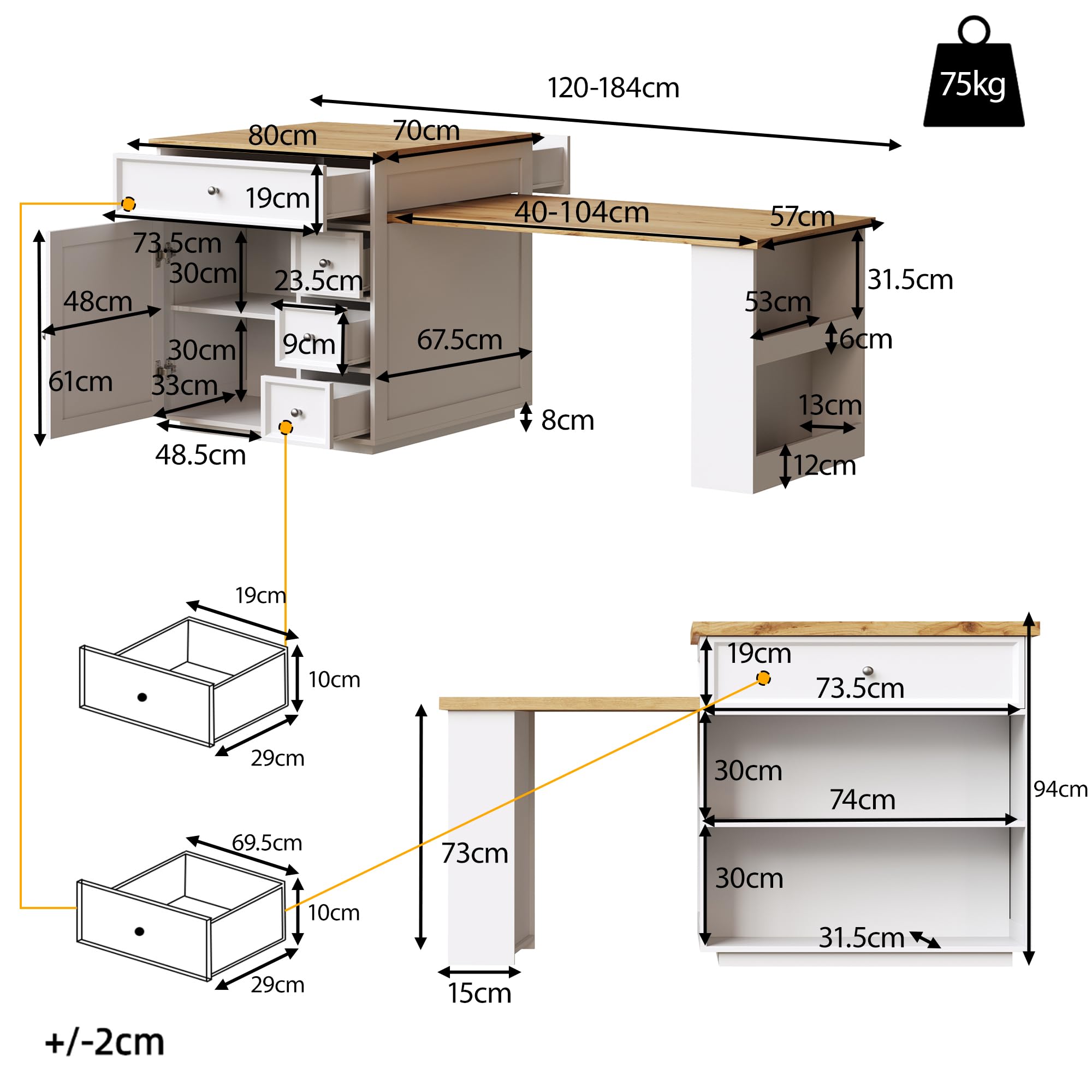 Ausziehbare Kücheninsel (120-184 cm) mit Schubladen und Rollen, fahrbare mit Holzoptik-Tischplatte, Vielseitige Thekeninsel für Küche, Esszimmer & Bartresen, Weiß