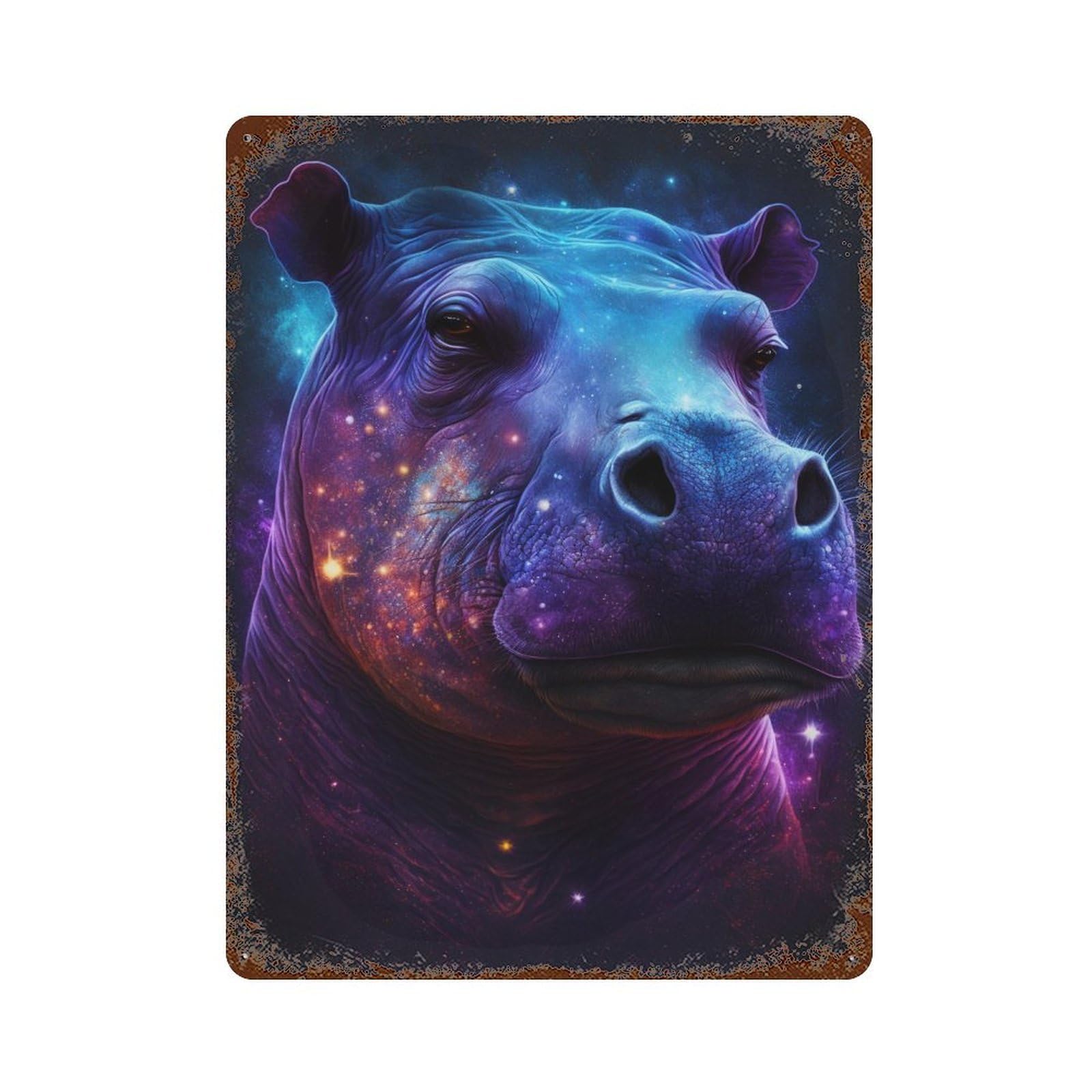 Garage Style Cosmic Hippo Portrait-9 Rust Effect Tin Sign 15.7"x11.8", Classic Wall Plaque for Bar And Workshop