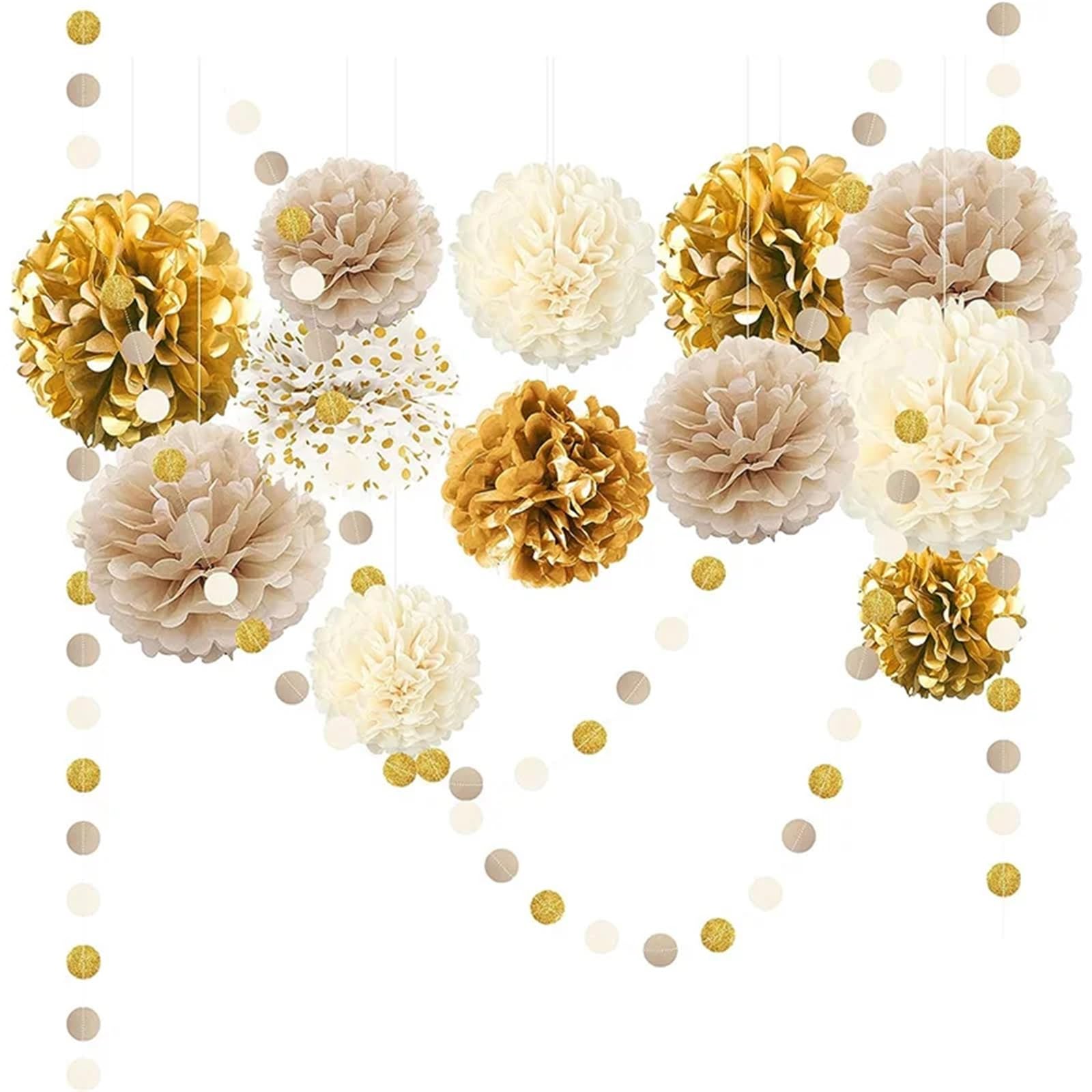 Paper Pom Poms Decorations 15Pcs Gold Champagne Beige Paper Pompoms Birthday Party Decorations Dot Garlands Hanging for Decor