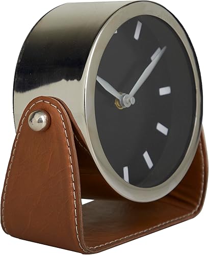 Miniatura 4 de Deco 79 Reloj de acero inoxidable con soporte de cuero, 6" x 3" x 6", plateado