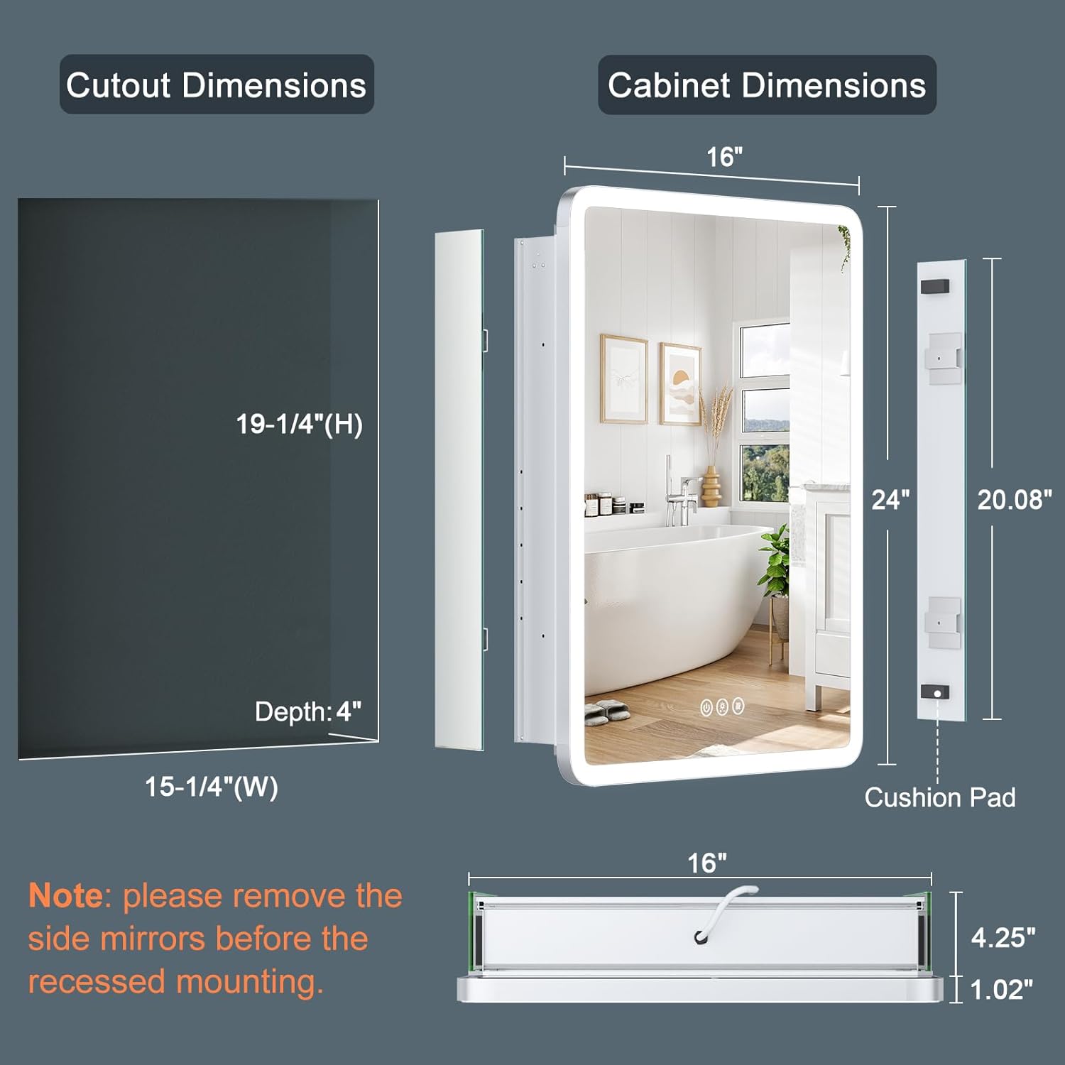 16x24 medicine cabinet with lights dimmable LED mirror and USB Type-C