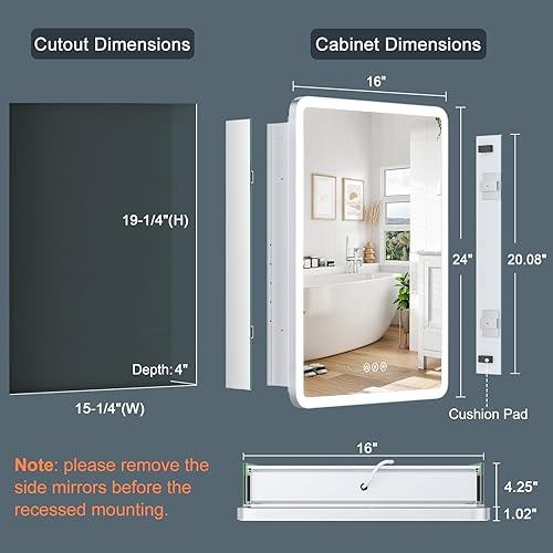 Miniatura 2 de Botiquín de 16 x 24 pulgadas con luces (bisagra derecha), esquina redondeada, empotrado/superficie, enchufe/cableado, 2 tomas de corriente + 1 USB