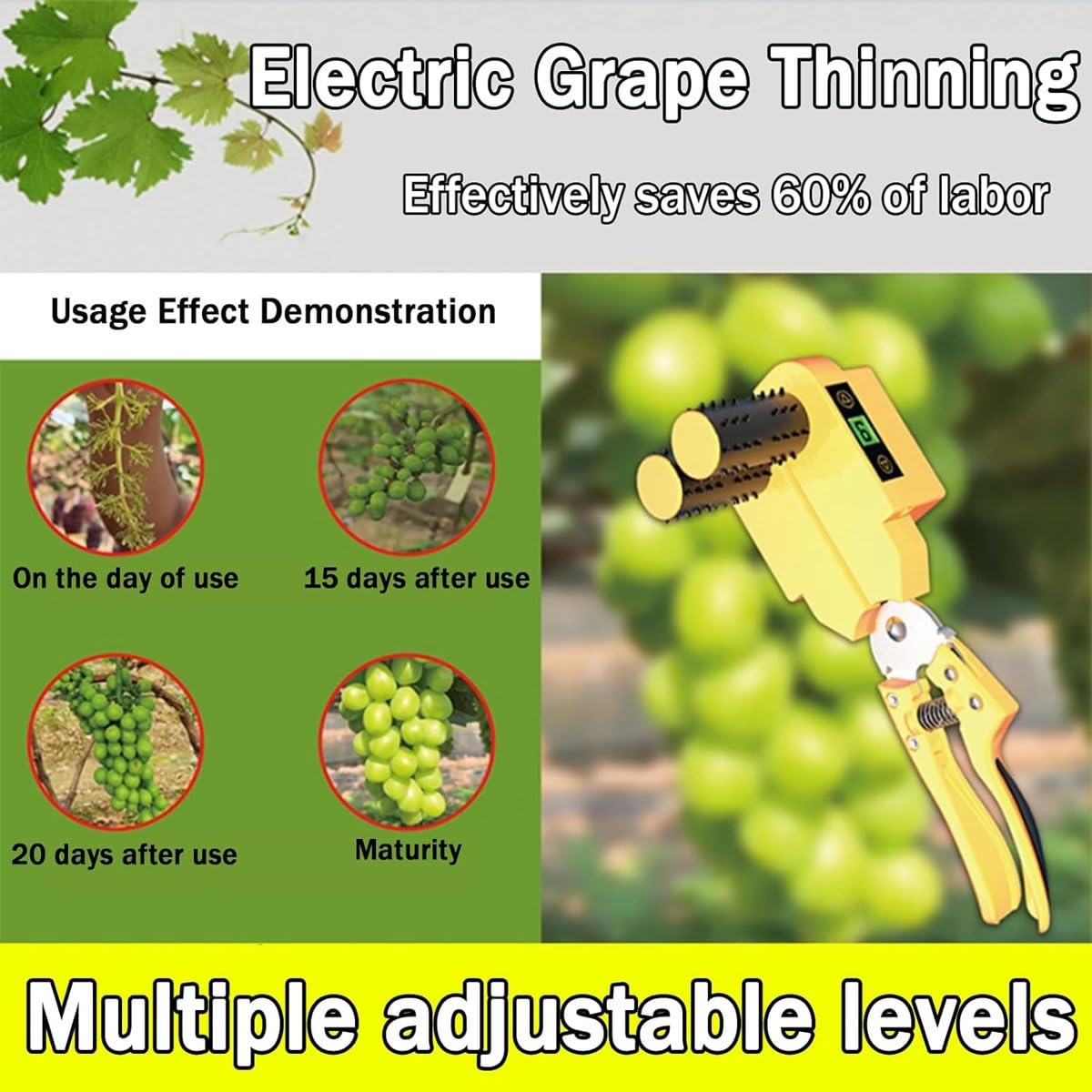 Generico Cesoie elettriche for diradare l'uva, Strumento di diradamento con Clip for potatura Ricaricabile con Schermo LCD, velocità Regolabile, Risparmio di Tempo e Fatica,for vigneto