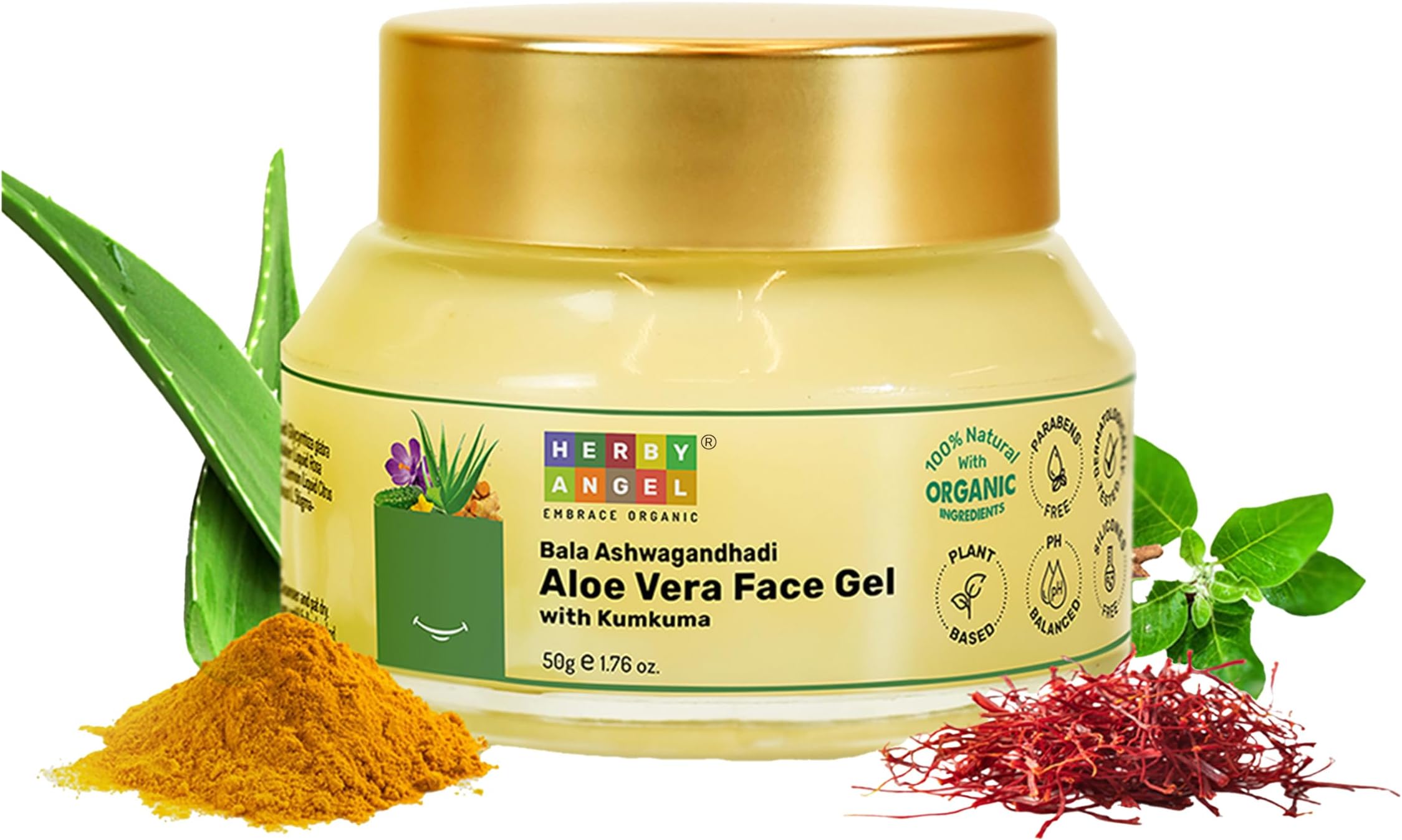 Aloe Vera Gel with Saffron for Babies and Kids, Soothes Irritated Skin & Hydrates, Daily Moisturizer, Organic, Dermatologically Tested, Non- Sticky, Gentle Skincare | 50g )