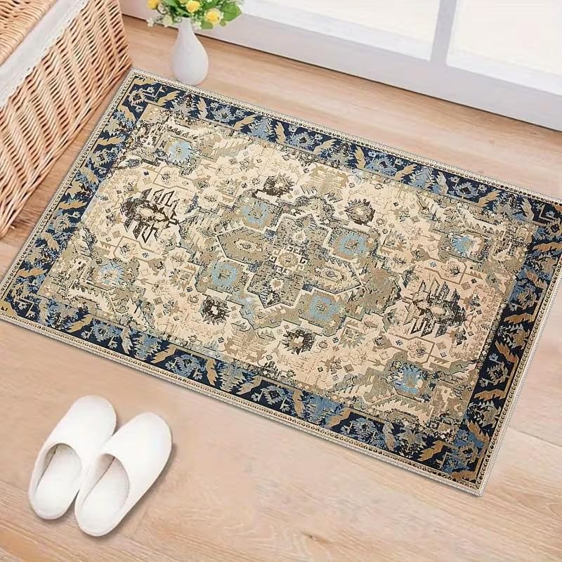 Alfombra vintage antideslizante azul para suelos resbaladizos de salón y dormitorio