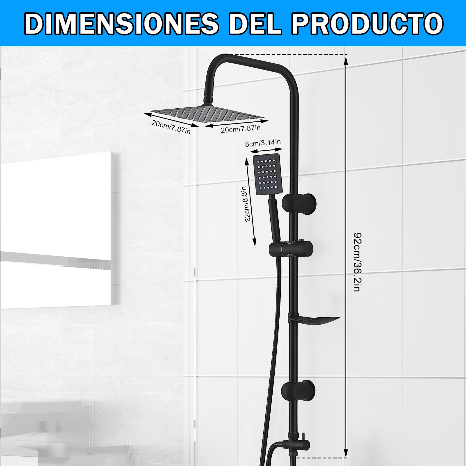 Columna Ducha Senza Miscelatore, Kit Completo Ducha con Rociador Ducha 20×20 cm Cuadrado y Ducha de Mano y Manguera, Acero Inox, Regulable 92cm, Duchas de Baño Columna