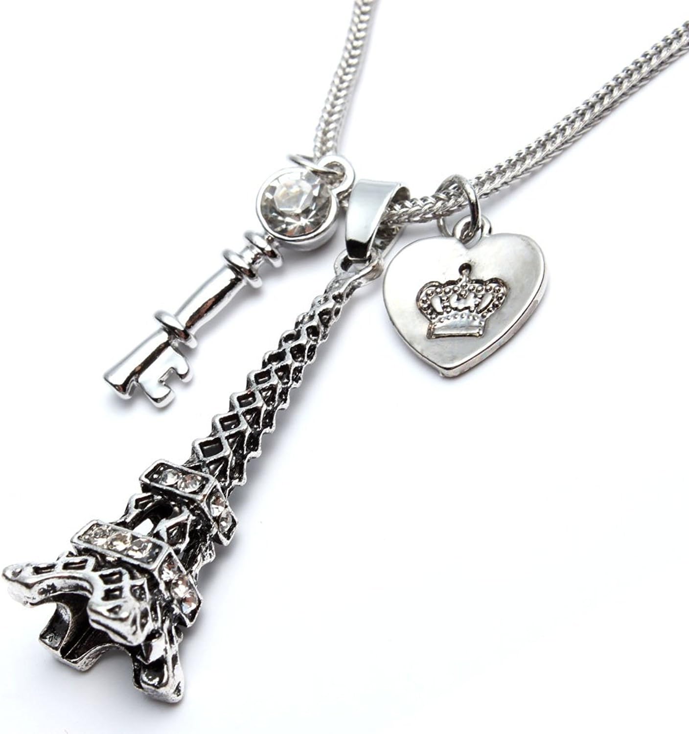 CCBFYPairs Eiffel Tower Necklace for Women Men Heart Key Pendant Silver Black/Platinum Plated Jewelry Long Chain