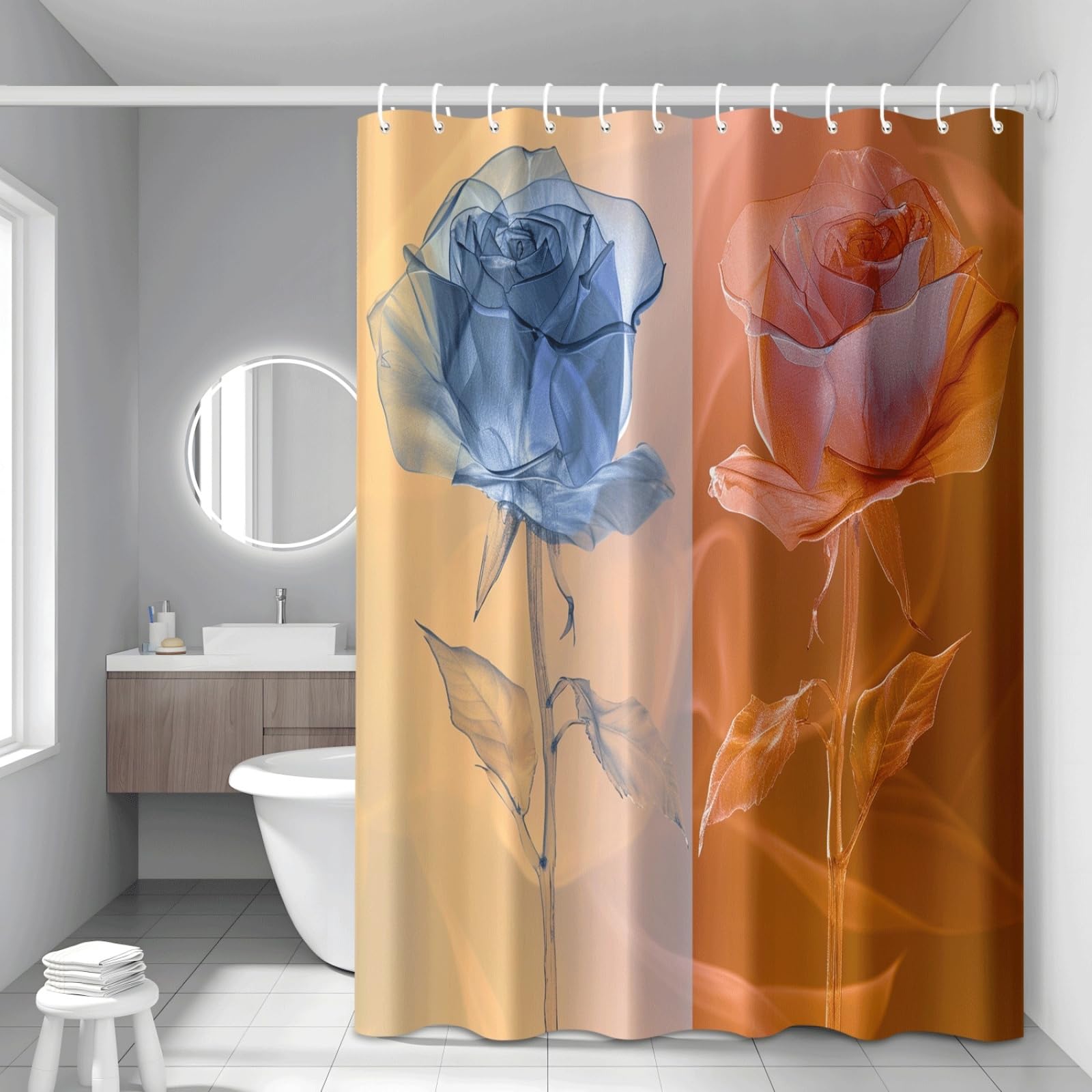 Tenda Doccia Fiore Arancione Blu Tenda Doccia Antimuffa Impermeabile Poliestere Lavabile con 12 Ganci Facile da Installare Tende Finestra Bagno per Dormitorio Hotel(180x220cm)
