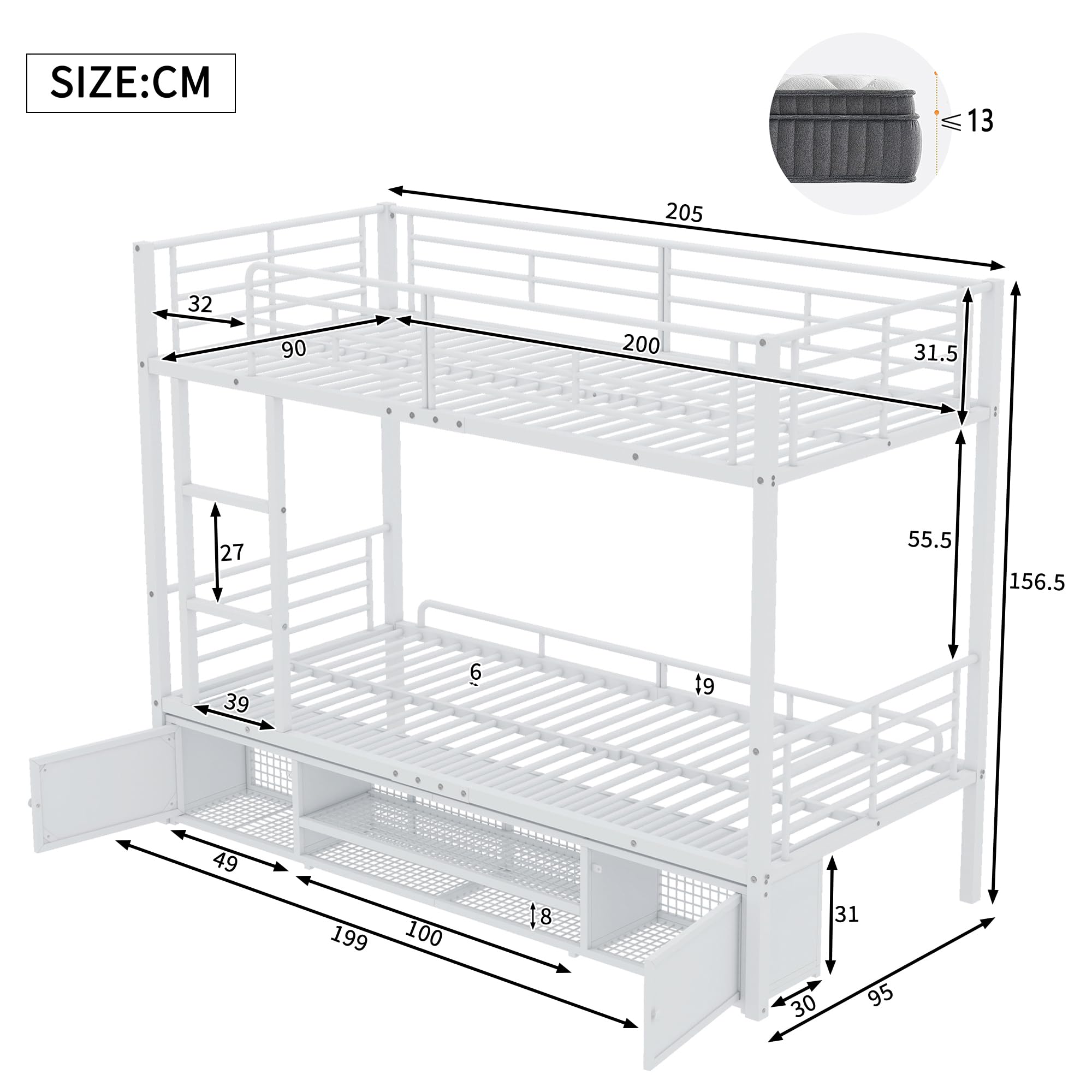 Litera de 90x200 cm con Zapatero Abierto y 2 Armarios, Literas Cama Infantil con Escalera y Protección Anticaída, Literas Infantiles Juveniles, Somier Metálico, Sin Colchón, Blanco