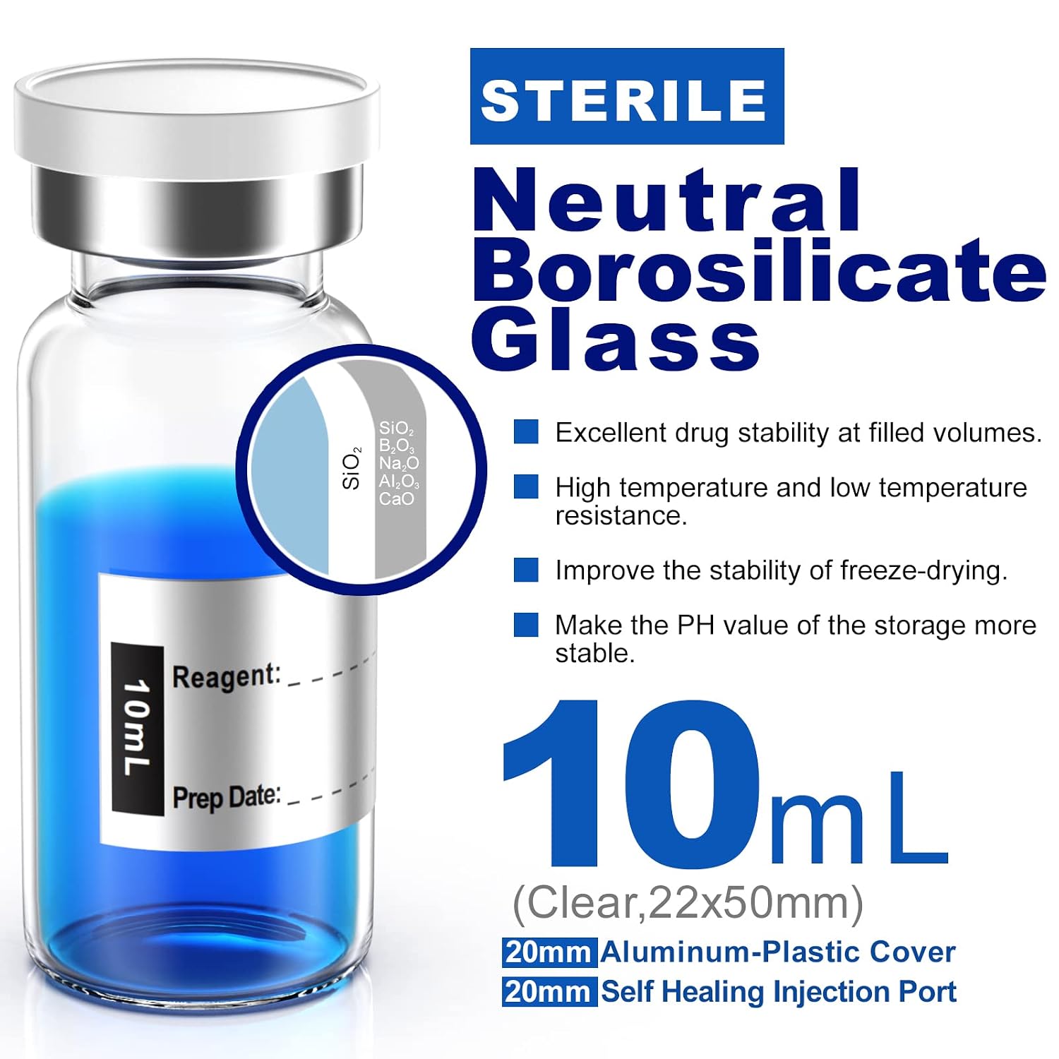Empty Sterile Vial with Separately Butyl Rubber Stopper and Flip Top Closure,Removable,After Filling,Need to Seal by CrimperType 1 Borosilicate Glass Tubing,Individually Packed (10mL 8PCS)