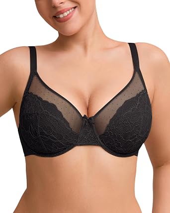 Minimiser Bras for Women, Full Coverage Supportive Lace Underwired Bra, Unlined Floral See Through Size Minimizer Underwear