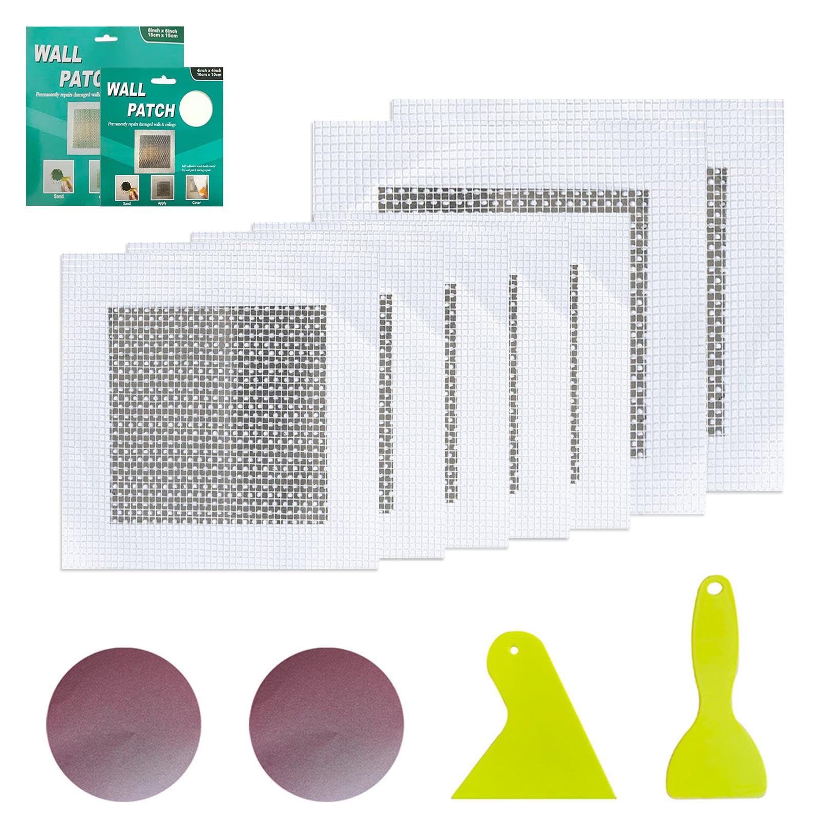 Haluway 11Pcs Wall Repair Kit, 6/4 Inch Self-Adhesive Patches with Sandpaper & Scrapers, Quick Wall & Ceiling Fix