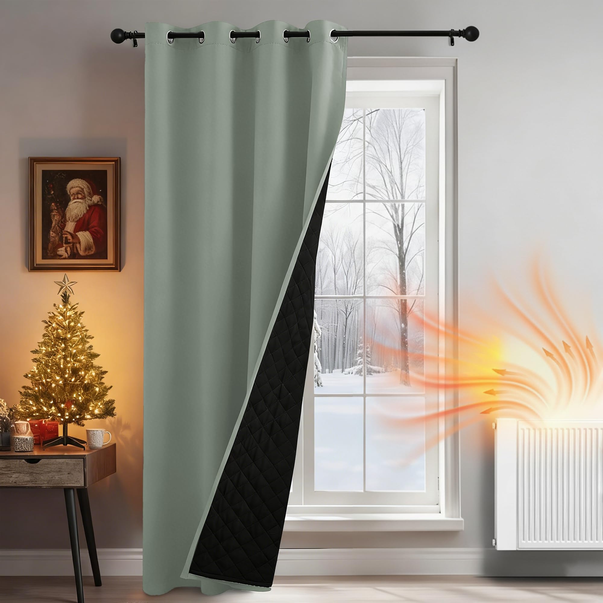 PONY DANCE Thermal Door Curtain - 100% Blackout Eyelet Double Layer with Quilted Lining, Extra Long Energy Saving Winter Cover for Bedroom, 55x90 Inch Drop (140x229 cm), Sage Green, 1 Panel — image 1