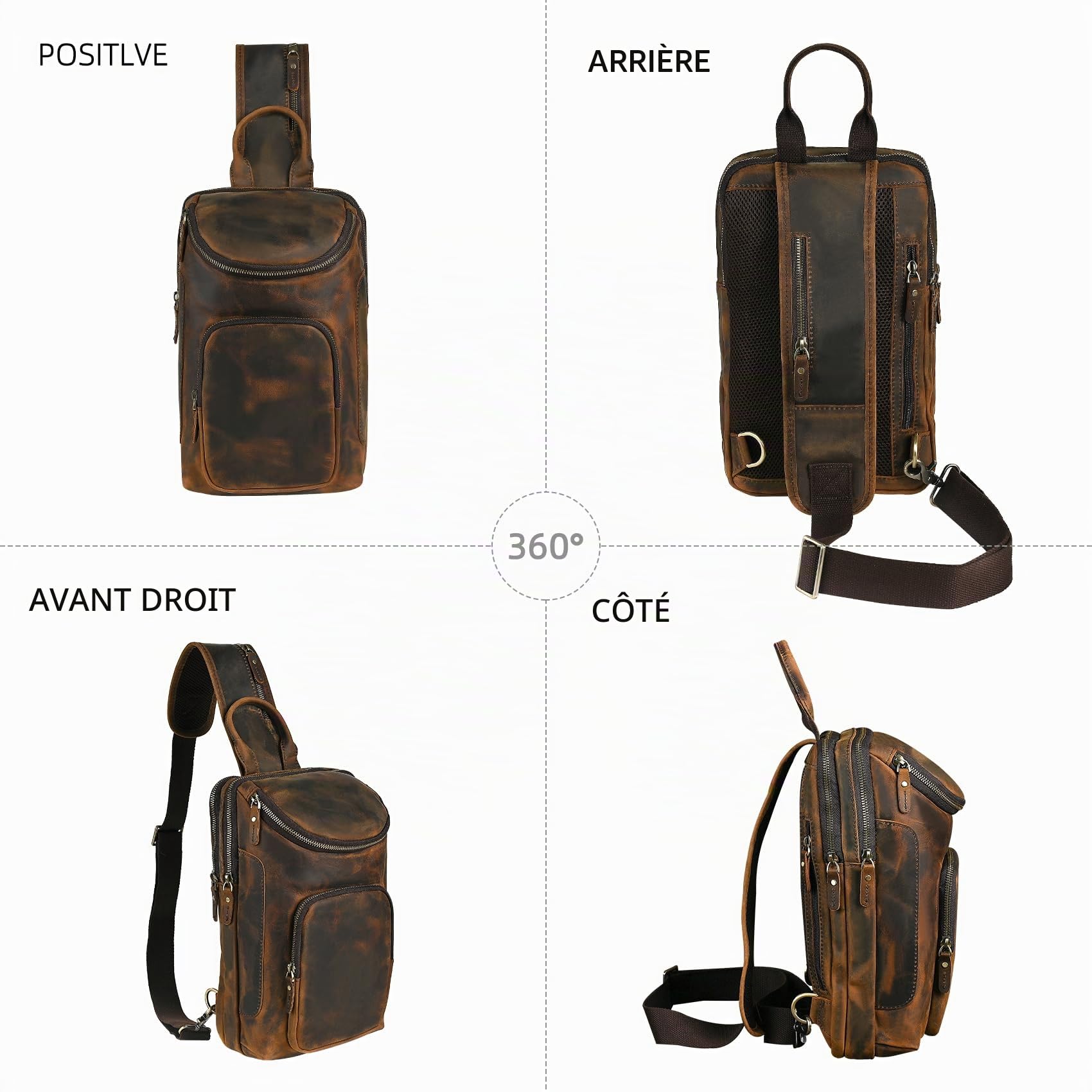Vintage,Cuir véritable, triangulaire Sac à bandoulière, Sac à dos poitrine, Sac à dos à une épaule, pour homme et femme 3028