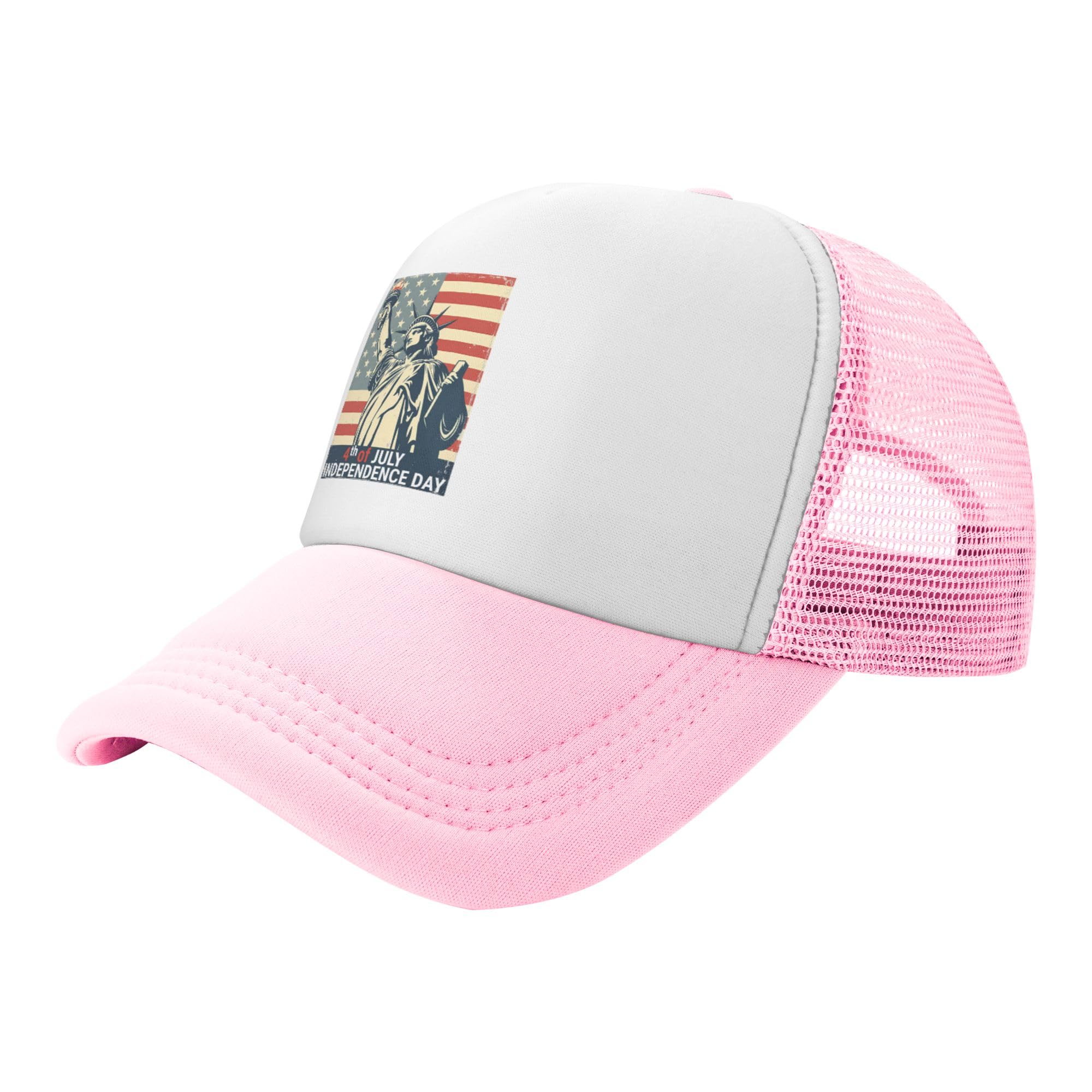 Happy 4th of July Statue of Liberty Trucker Hat Independence Day Patriotic Baseball Cap Mesh Back Adjustable Hats for Kids - Pink