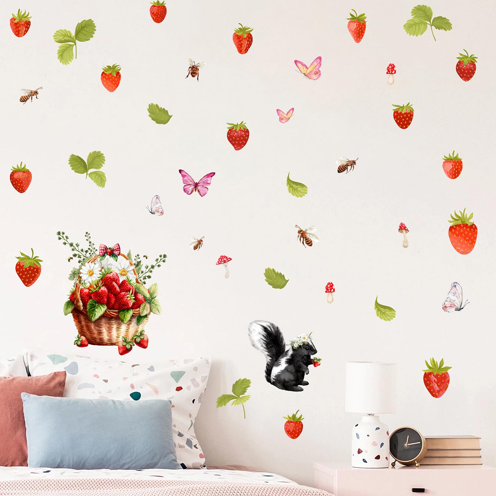 44 Pcs Removable Strawberry Wall Decals - Includes Butterflies, Squirrels, Mushrooms For Kids Room, Nursery Decor