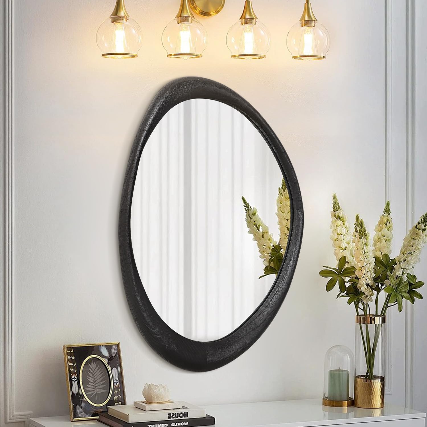AAZZKANG Irregular Wall Mirror 26"x18" Black Asymmetrical Wall Mounted Mirrors Modern Wood Frame Mirror Large for Bathroom Bedroom Living Room Entryway