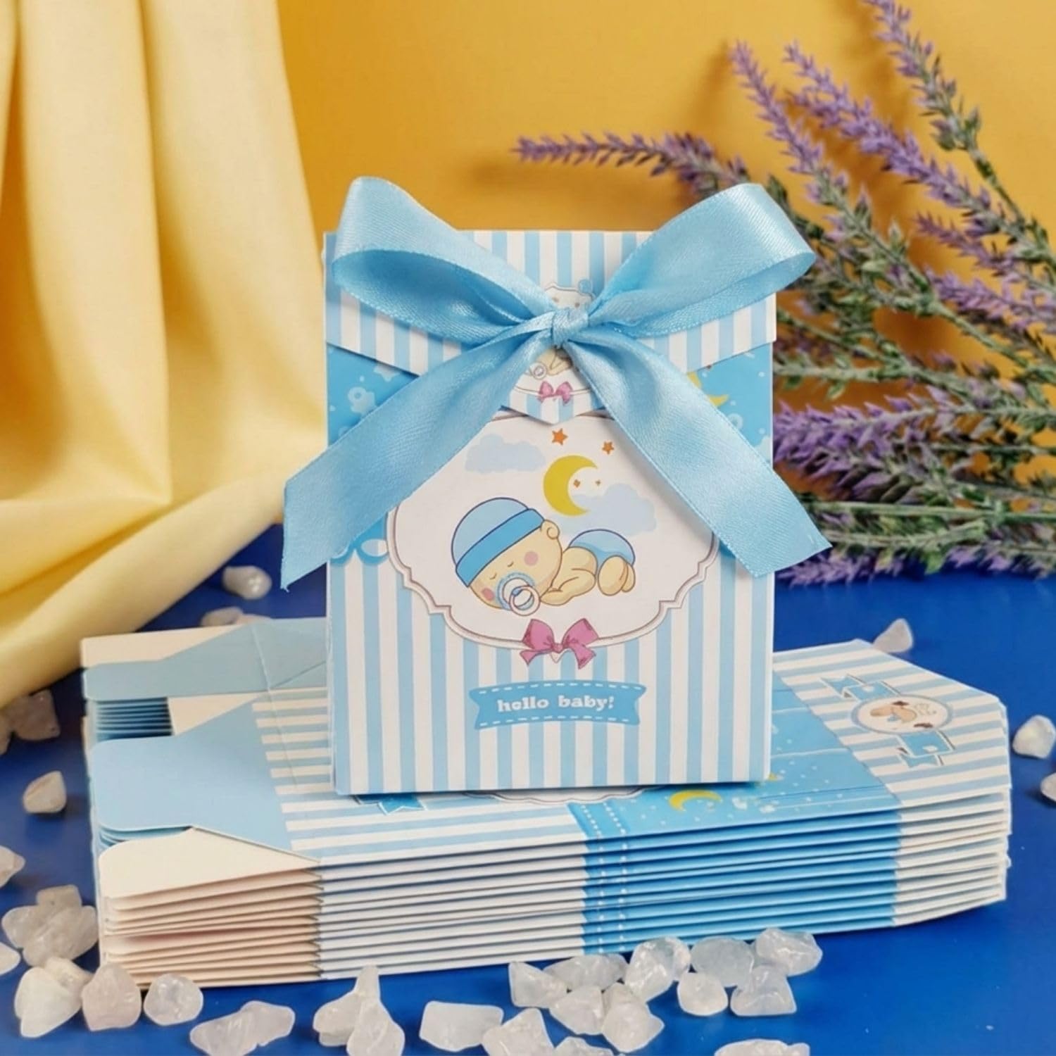 funblast 10 pcs small baby shower gift box with ribbon, decorative paper folding gift boxes, perfect for return gifts, birthday parties, kids’ gifting, chocolates, & small item packaging (blue)