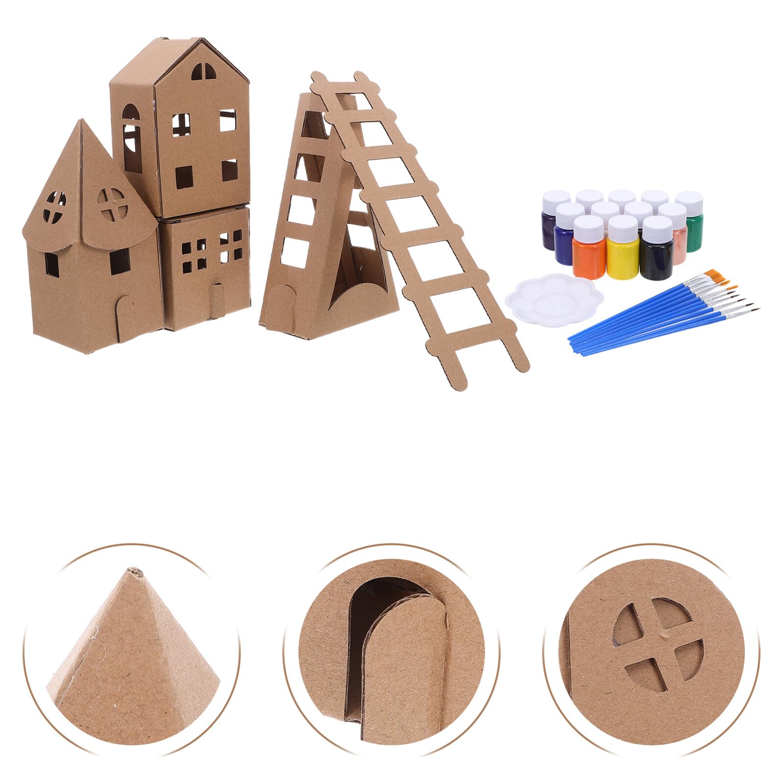 Casa de Cartón Infantil Miniatura, 1 Juego para Manualidades | Color Caqui, Papelboard, 23 Piezas, Formas Iglesia, Cuadrada y Rectangular, para Preescolar y Juego
