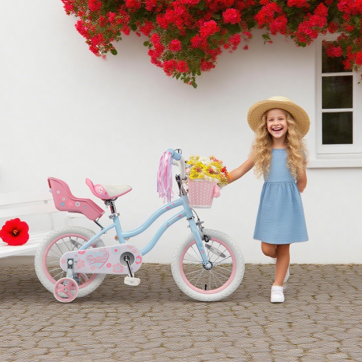 Glerc Vélo Enfant 12 14 16 Pouces pour Filles de 2-8 Ans, Style Princesse avec Pompons de Guidon, Panier et Roues d'appoint