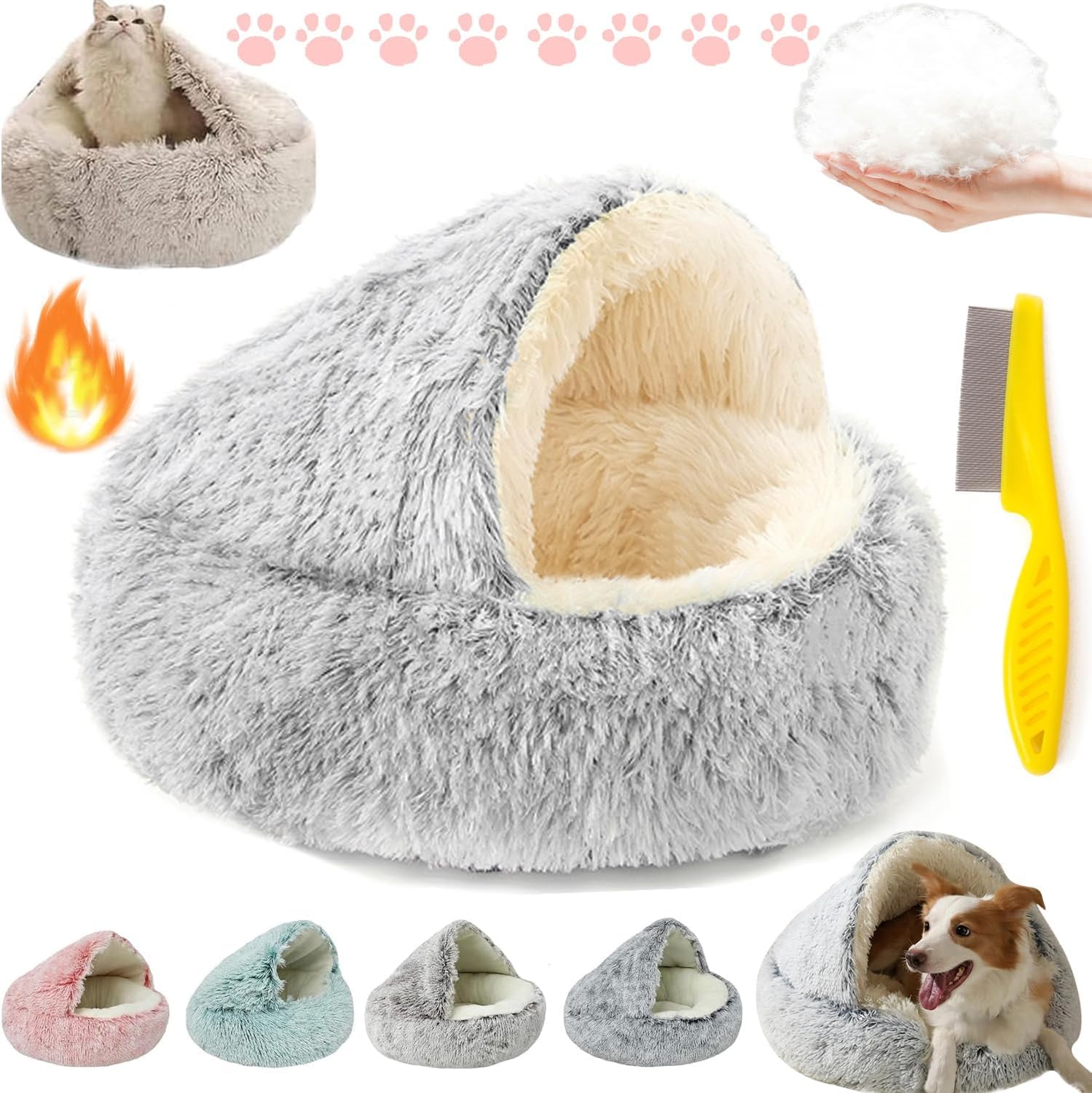 سرير عش لابكاتز من لابكاتز، عش لابكاتز، عش لابكاتز، سرير دائري مخملي منفوش للحيوانات الاليفة، سرير قطط مغطى، سرير مريح بغطاء للراس (40 سم/15.8 انش، بي)