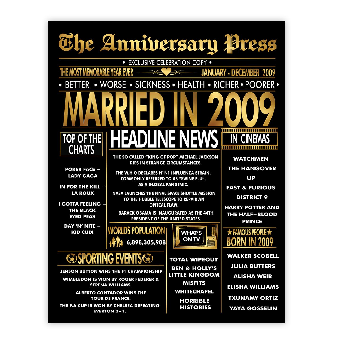 Stuff4 Men's 2009 Gold 17Th Anniversary Poster Unframed - Golden Married In Newspaper - 17 Wedding Anniversary For Wo Vintage Gifts Back In 8X10 Inch Anniversaries Posters