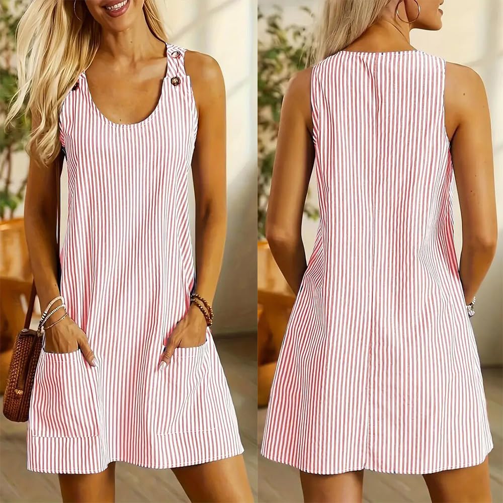 Vestidos de Verano a Rayas para Mujer, Vestido Informal de Tirantes con Cuello Redondo y Botones, Corte A, sin Mangas y Bolsillos