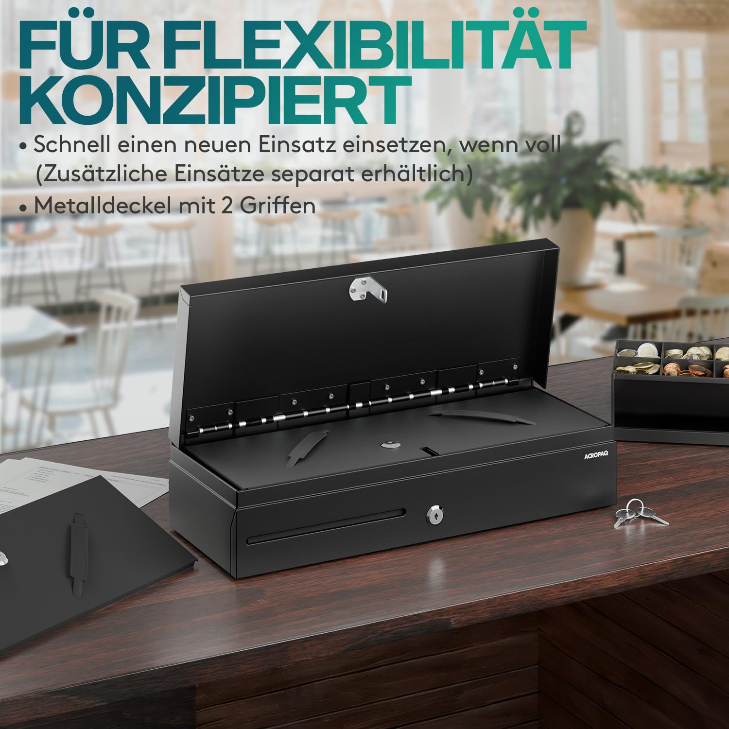 ACROPAQ Klappdeckel-Kassenlade - Kassenschublade kompatibel mit RJ11 Bondruckern, 8 Münz- & 6 Geldscheinfächern, Robustes Metallgehäuse (46 x 17,5 x 10,5 cm), Entnehmbarem Einsatz - Kasse