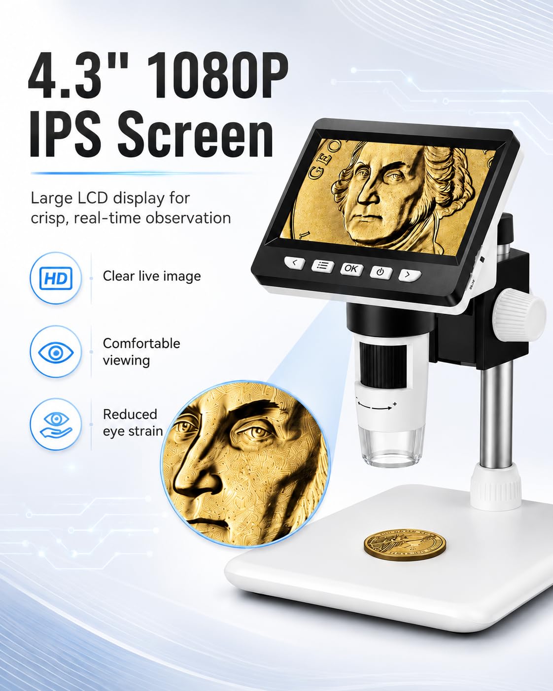 AOPICK Mikroskop Handy, LCD Digital Mikroskop 50X-500X Auflösung, 4,3-Zoll 1080P USB Mikroskop mit 8 einstellbaren LED Licht, PC-Ansicht, für Erwachsene/Kinder, kompatibel mit MacOS Windows