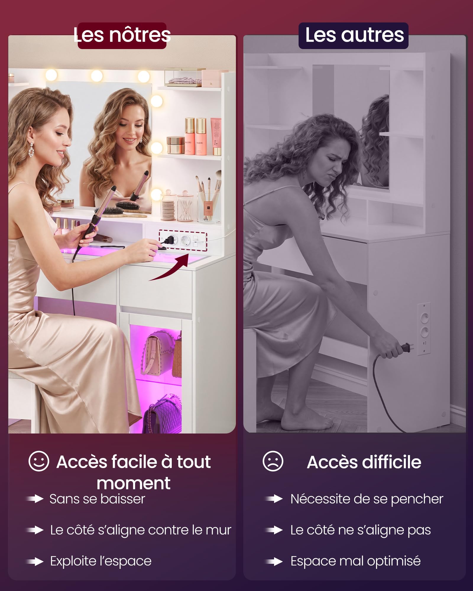 VASAGLE Coiffeuse avec Miroir LED et Éclairage RGB, Prises, Table de Maquillage, Plateau en Verre, Armoires de Rangement, 107 x 40 x 144,5 cm, Blanc, Chambre, Collection Kailyn RDT145WB01